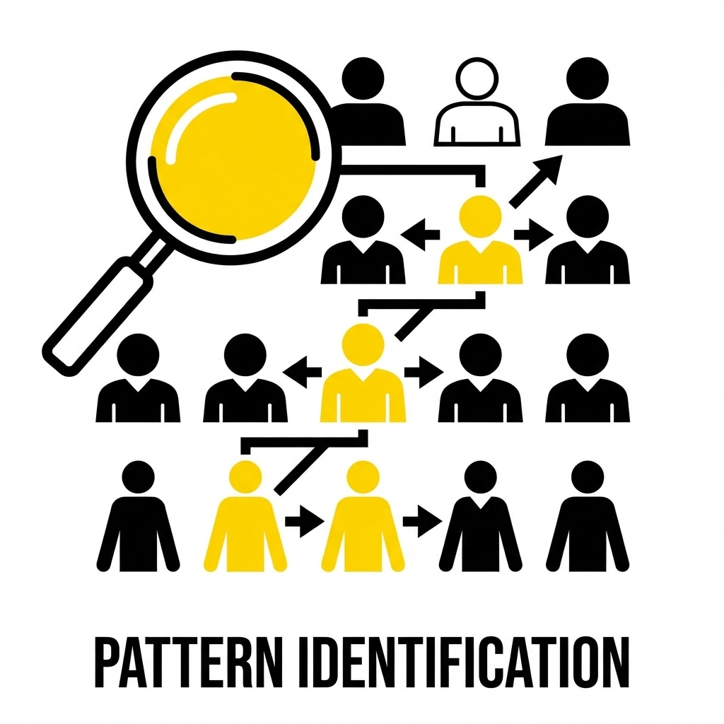Magnifying glass highlights yellow stick figures among black ones, showing connections. Text reads "PATTERN IDENTIFICATION." Minimalist design.
