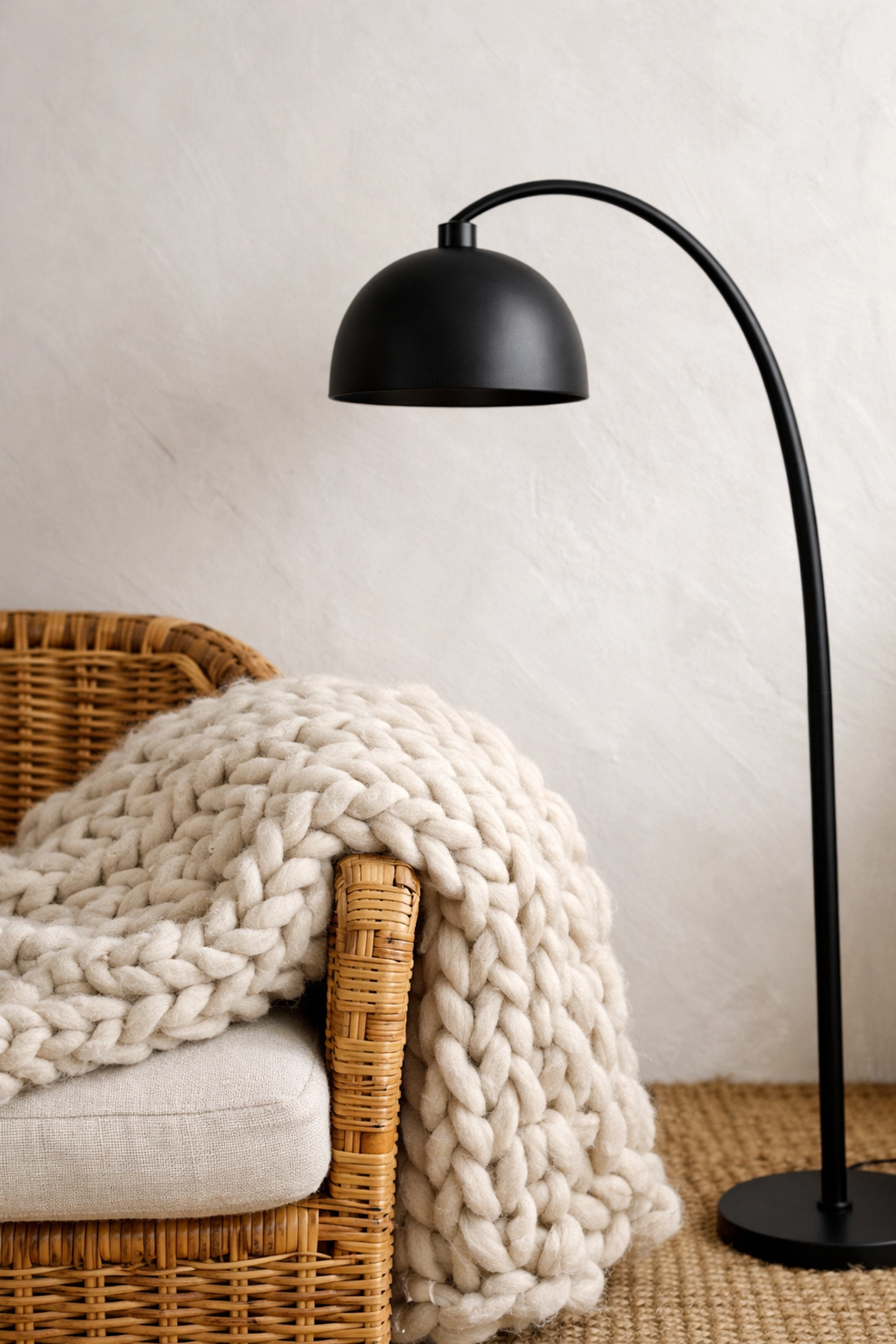 Luxury home remodeling details with a knit wool throw and modern floor lamp for a high-end look.