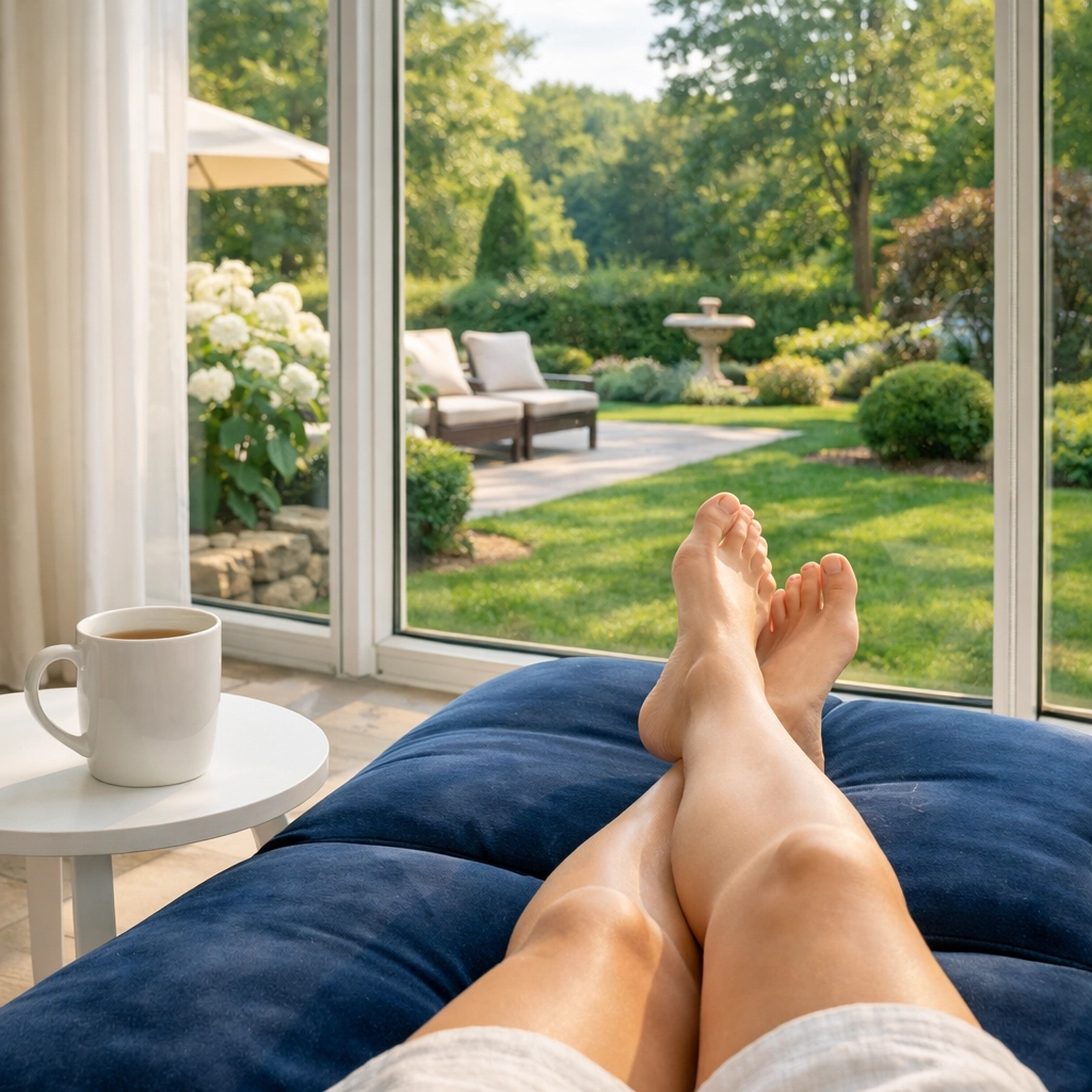 A homeowner relaxes in a tidy sunroom after a professional bi-weekly house cleaning service.