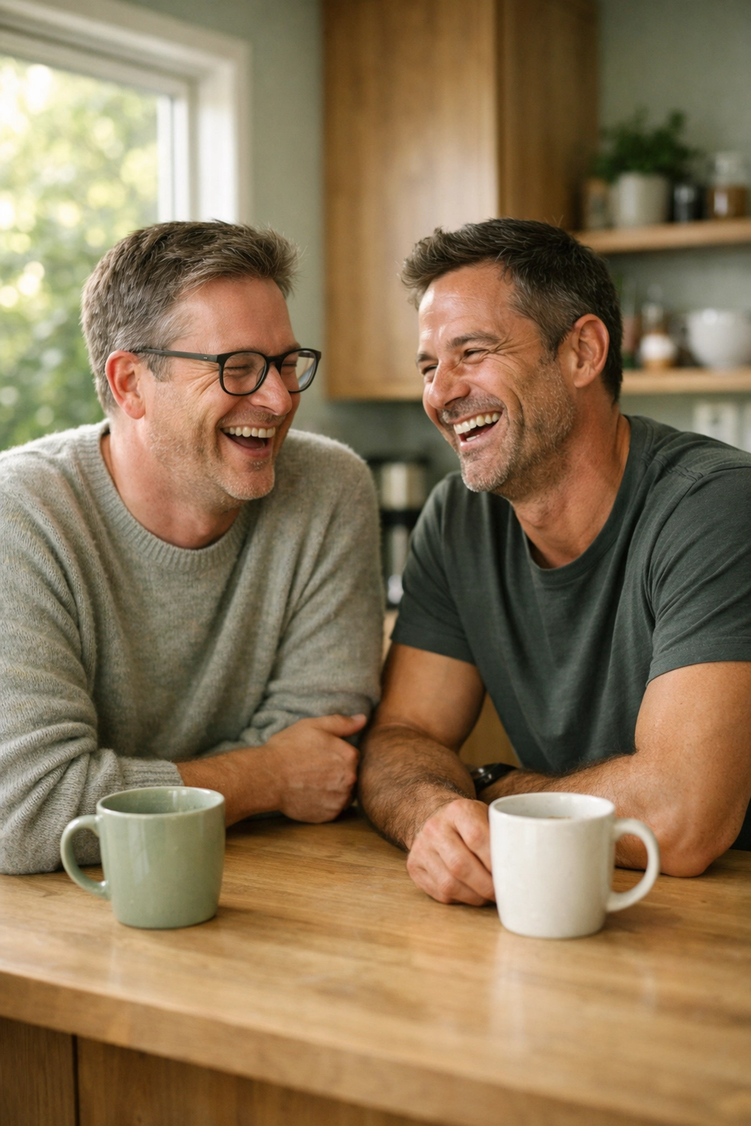 Gay couple in their forties laughing in kitchen - authentic mid-life love