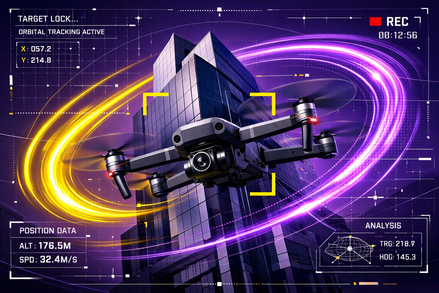 Drone capturing dynamic orbital footage around modern building with motion trails