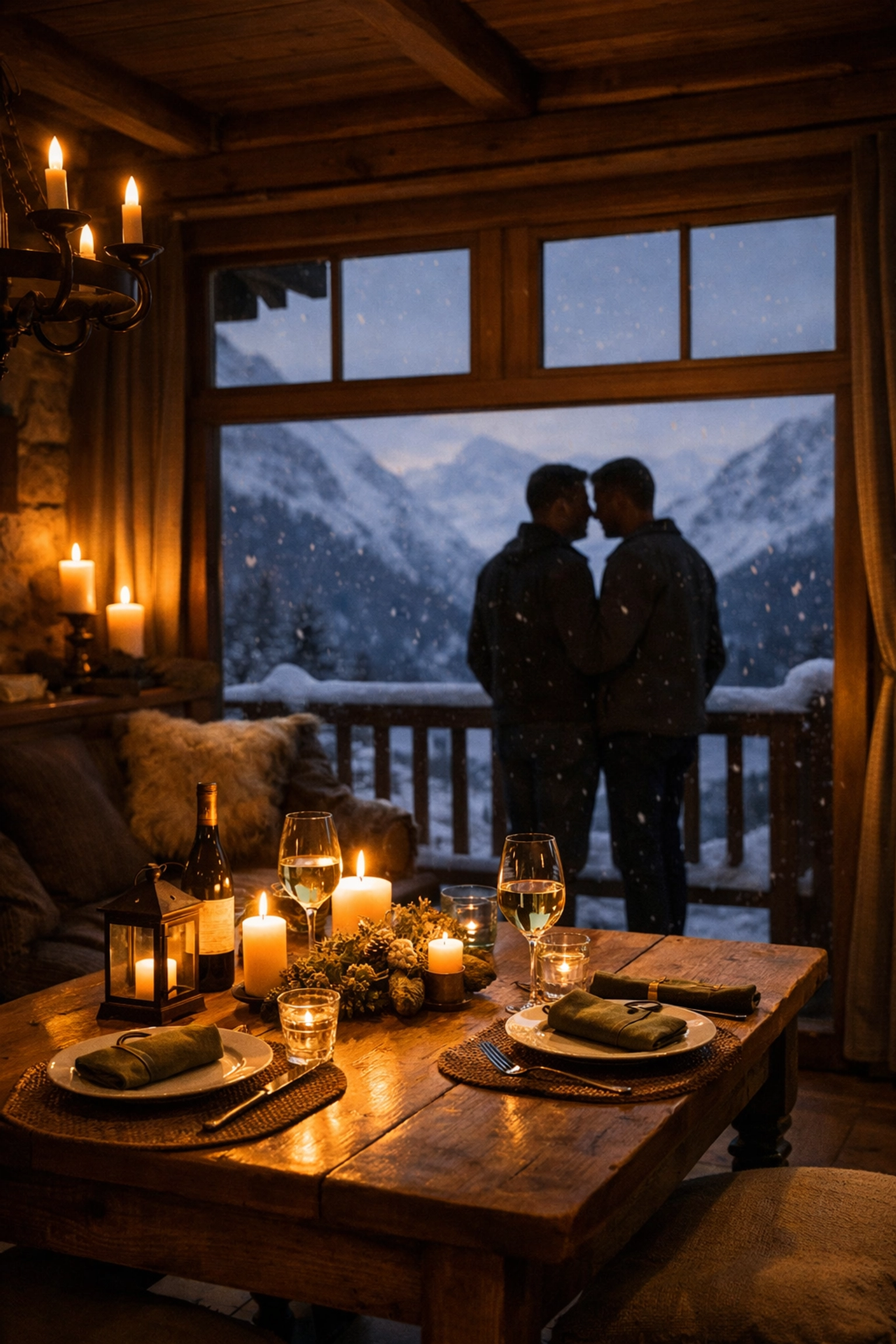 Candlelit Swiss chalet interior with two men on balcony overlooking snowy Alpine peaks
