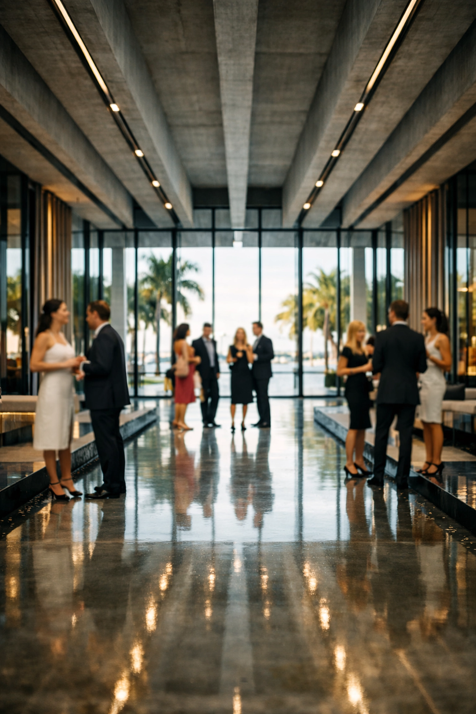 Modern Miami event venue interior with guests networking in a luxury corporate setting.
