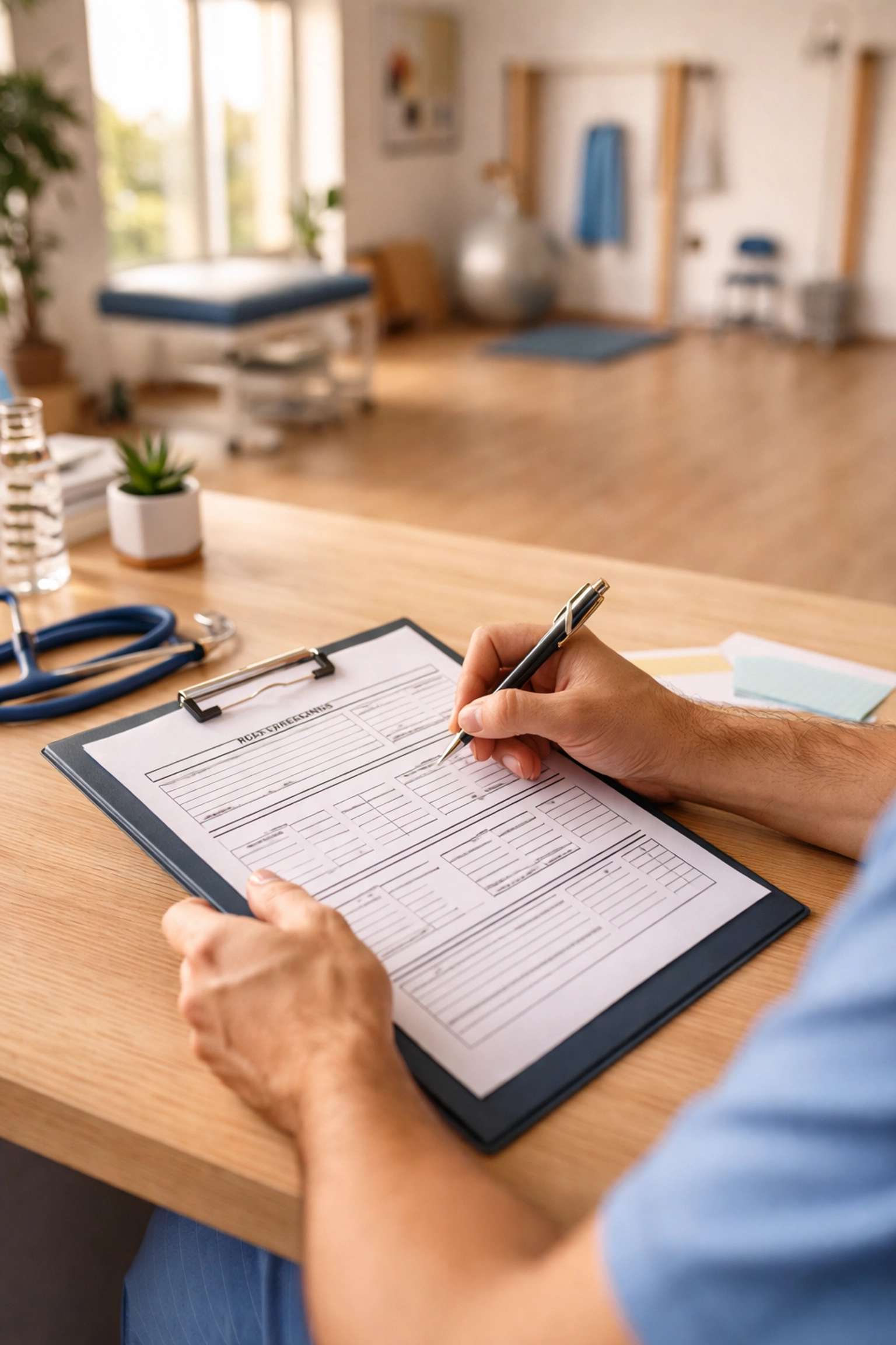 Physical therapist documenting progress notes on a clipboard, highlighting the importance of accurate clinical documentation in therapy billing solutions.