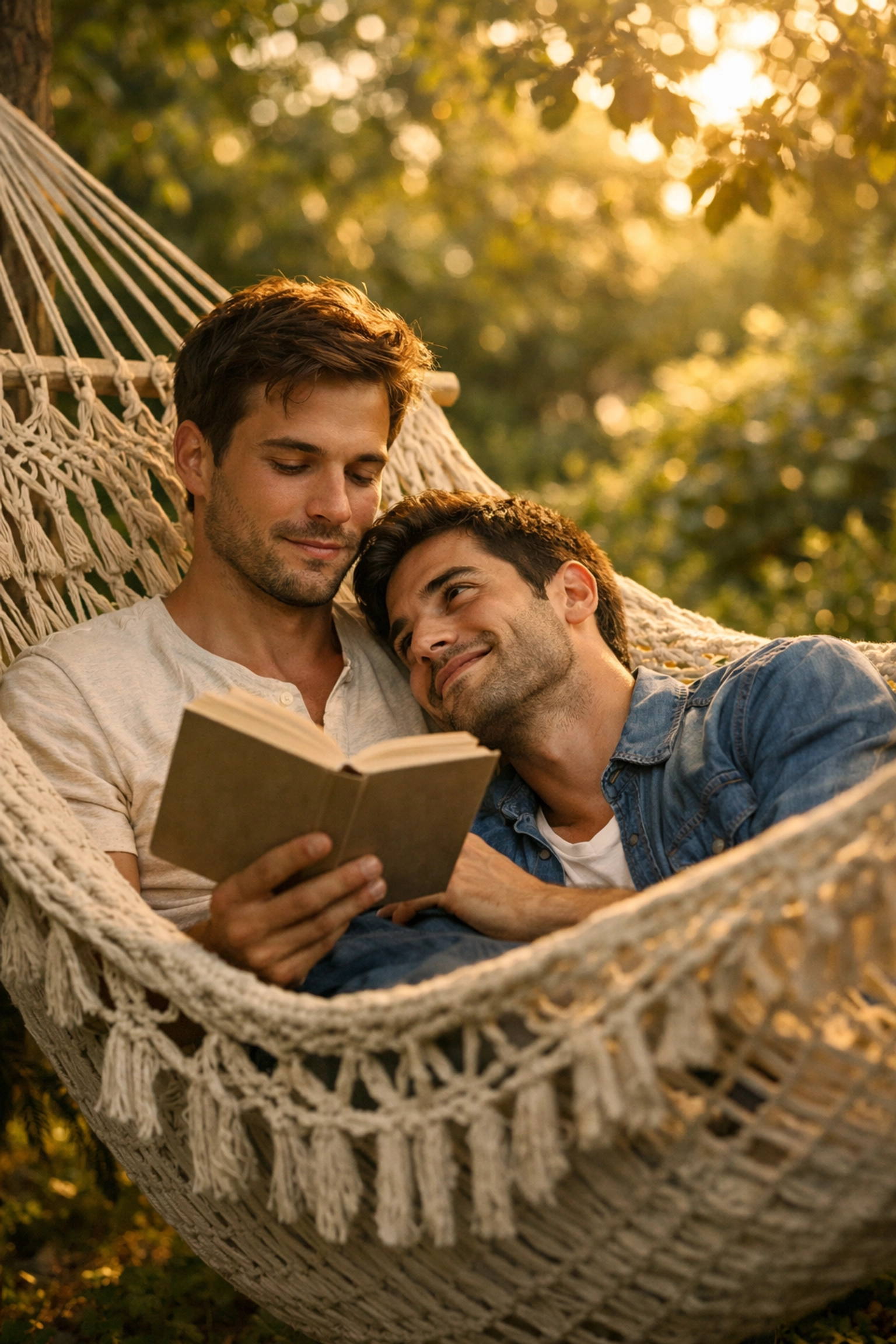 A gay couple sharing a quiet moment reading together, reflecting a friends to lovers MM romance.