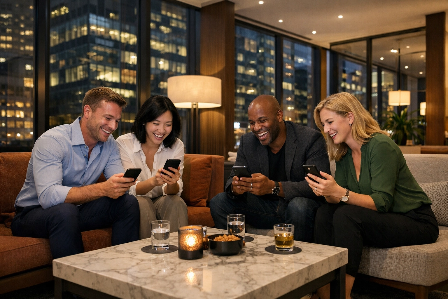 Professionals in a modern lounge discussing tournament bracket picks and mortgage refinancing in a social setting.