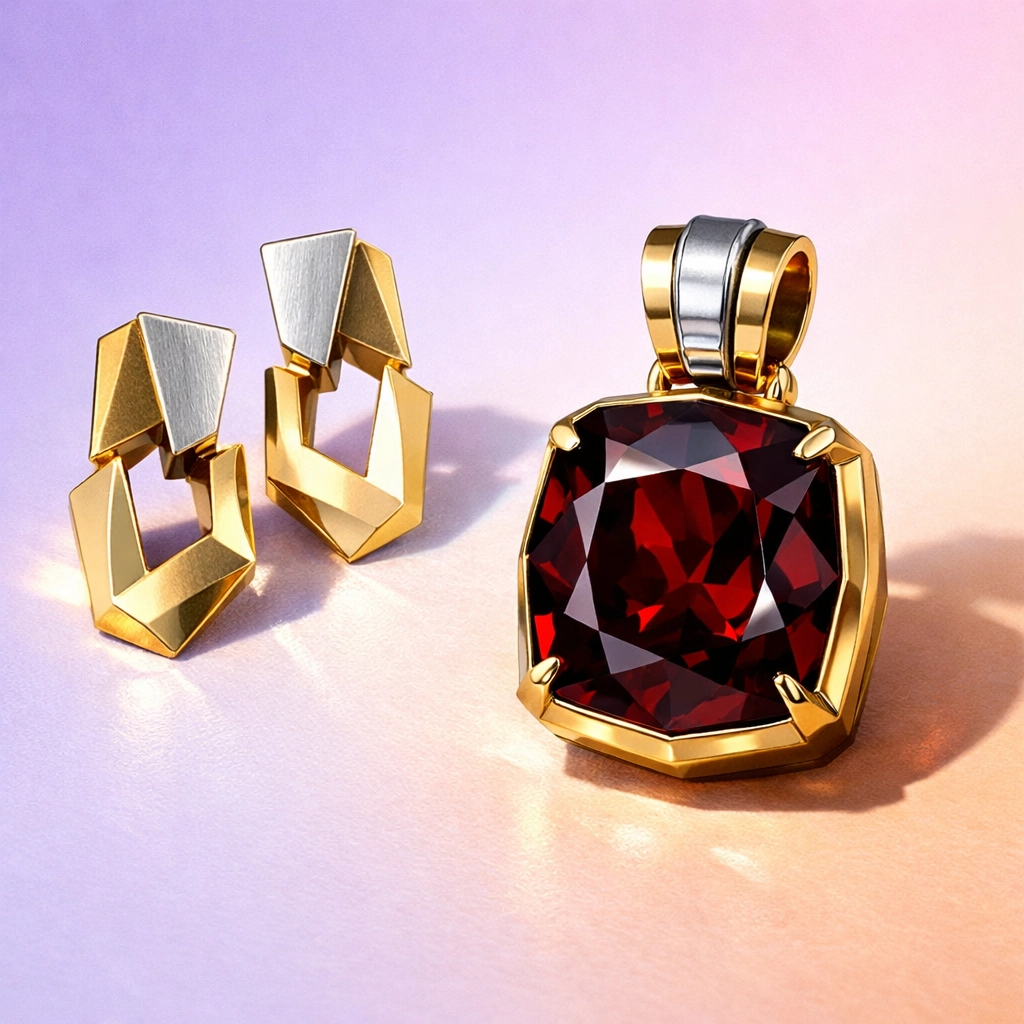 Sculptural gold earrings and a deep red garnet pendant from the March jewelry catalog.