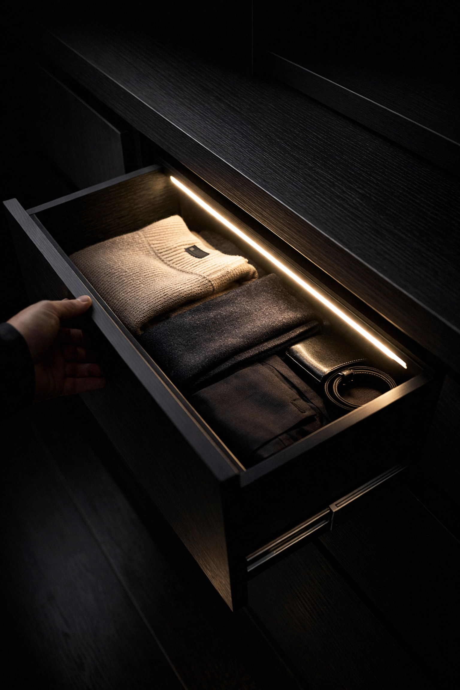 Automatic drawer lighting using linear LED strips in a luxury custom closet system.