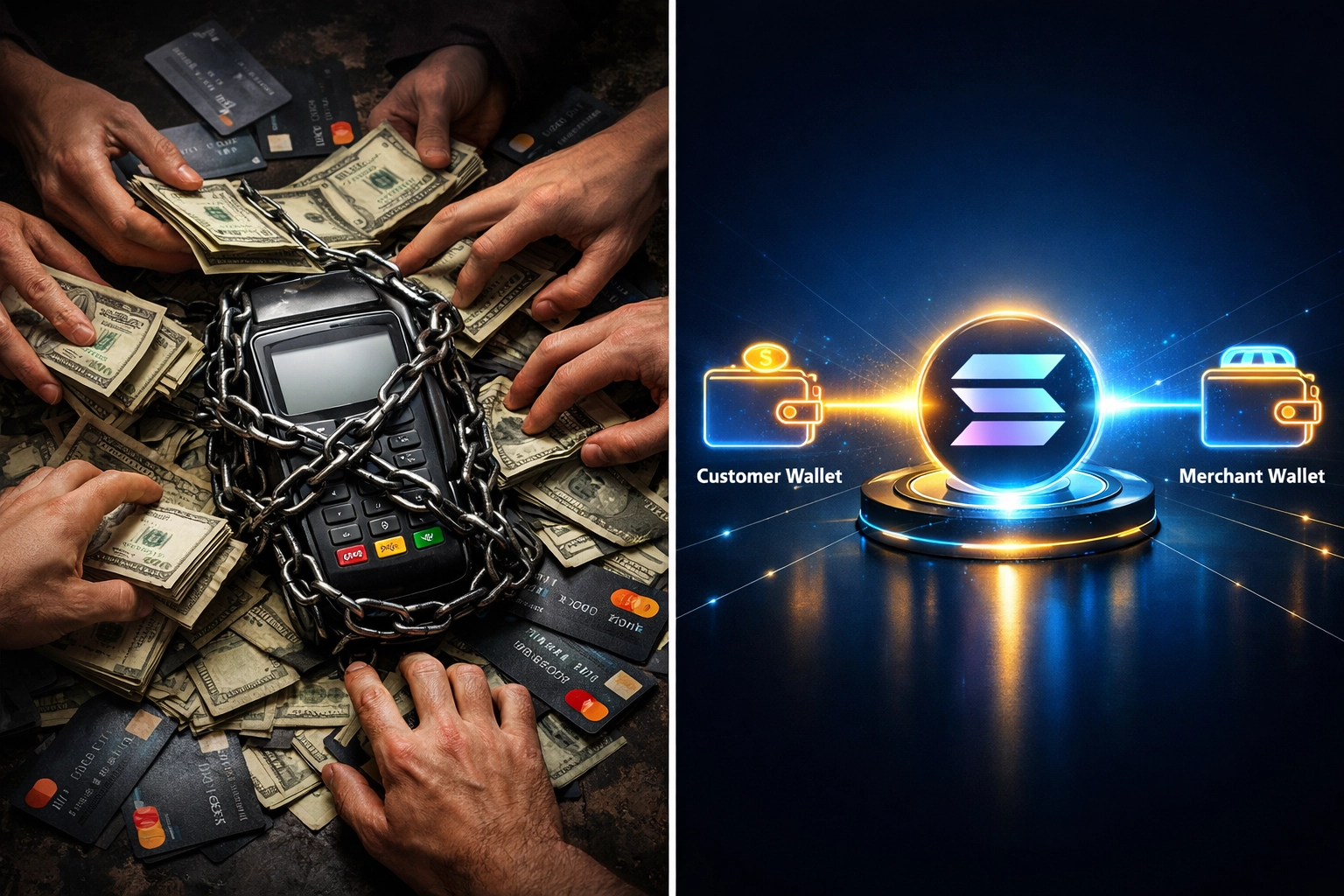 Traditional payment processing versus Web3 blockchain direct merchant settlement comparison