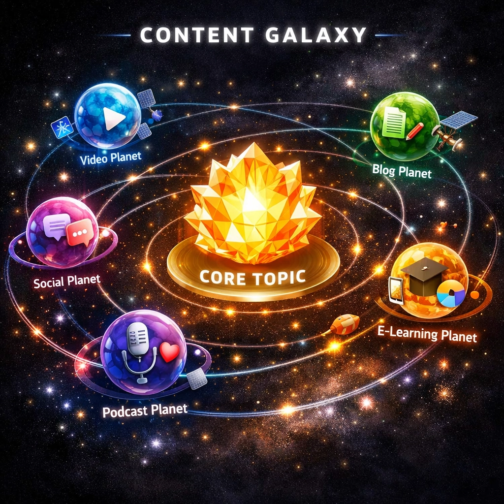 Interconnected network of topics representing a keyword cluster strategy for TikTok search authority.