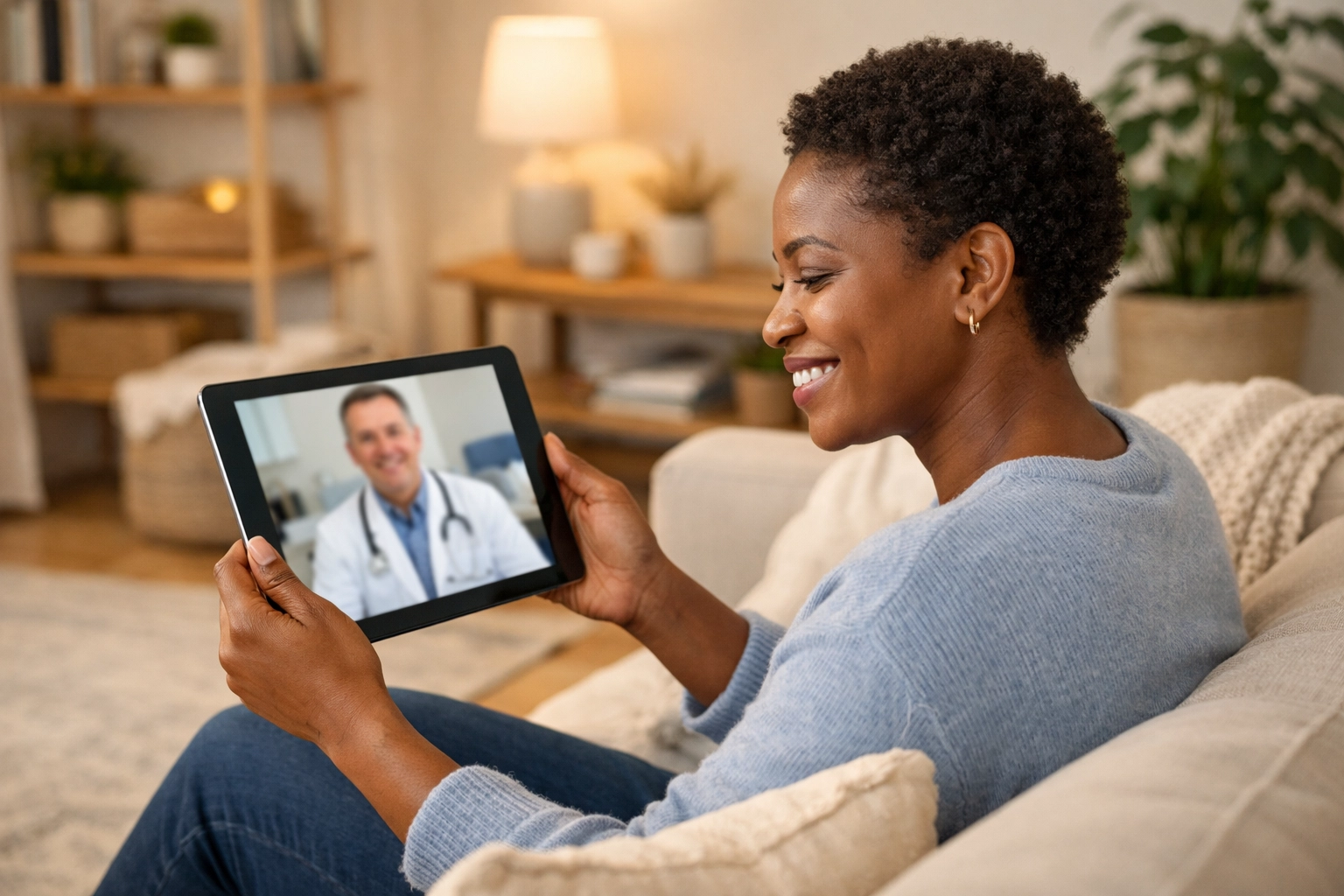 Patient using a tablet for an online medical consultation with a weight loss doctor.