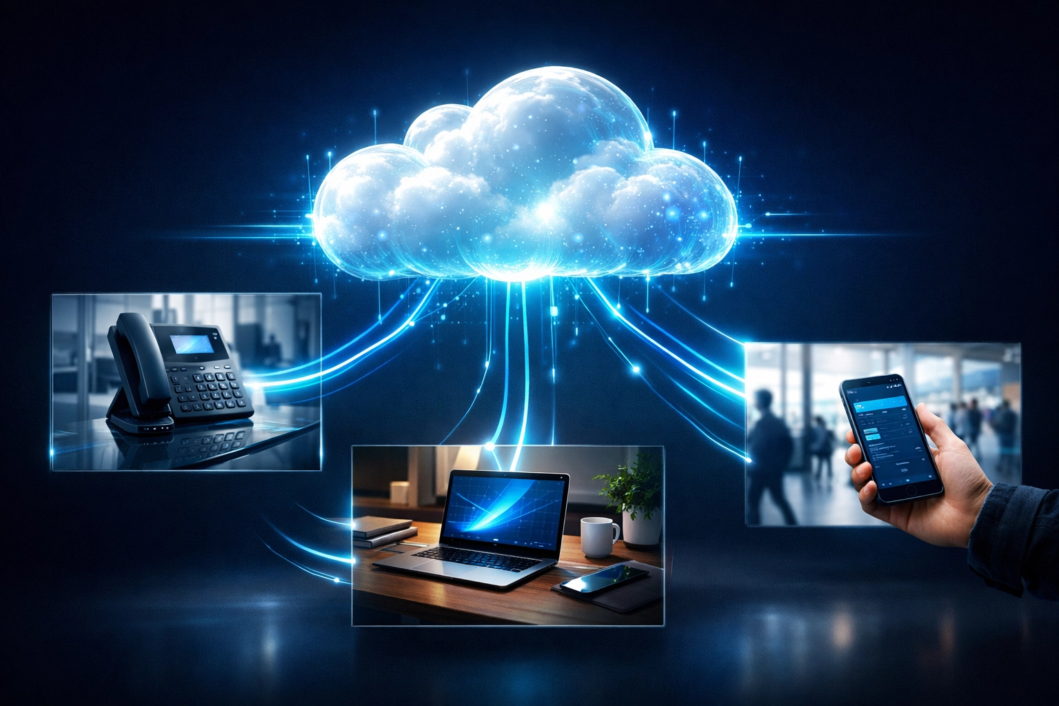 Digital cloud connecting desk phones and laptops for seamless Cloud PBX Canada hybrid work communication.