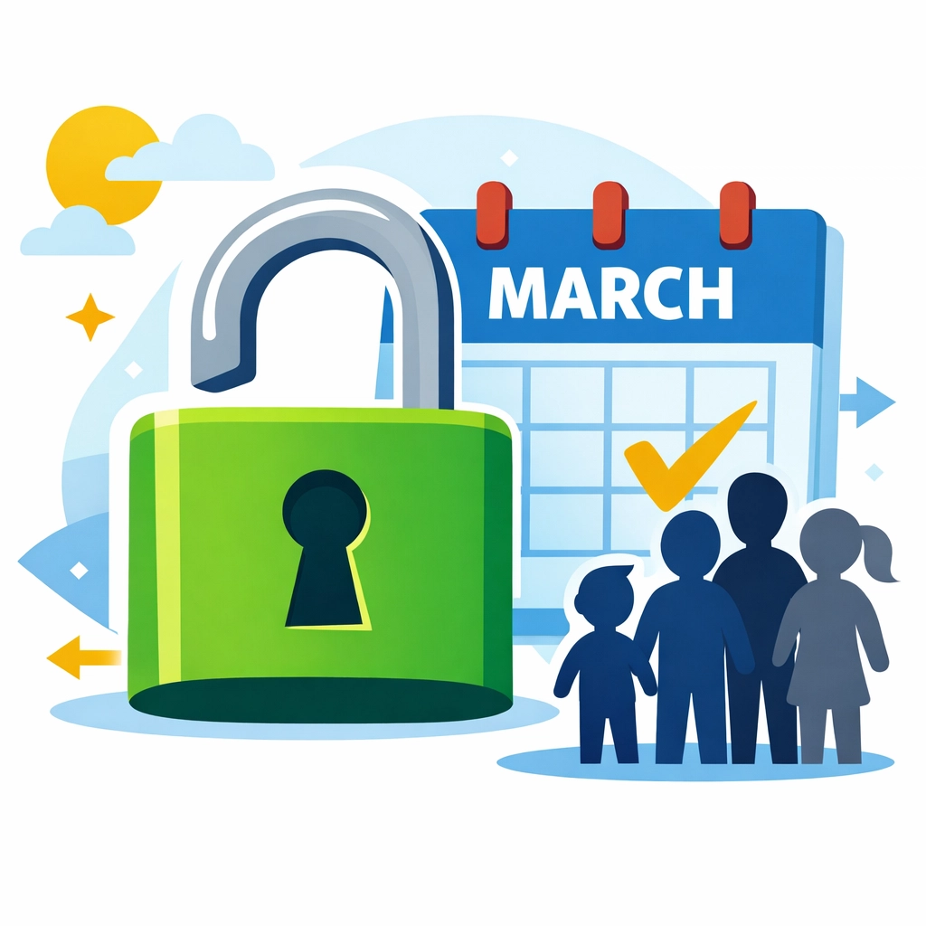 Unlocked padlock icon showing the release of family tax credits and 2026 tax refund payments in March.