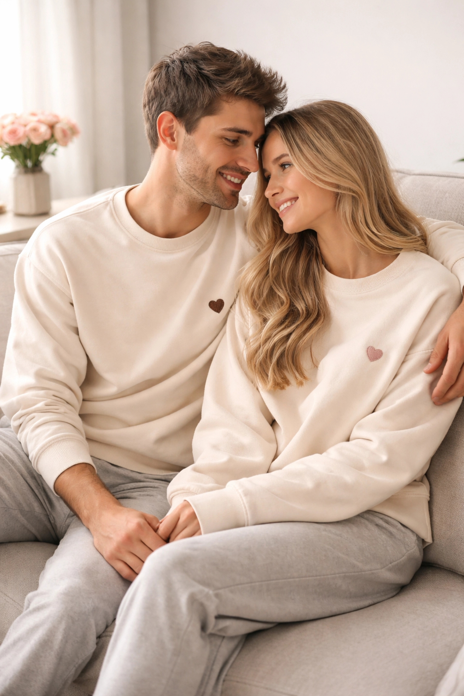 Couple sitting on a sofa wearing matching embroidered sweatshirts for personalized Valentine’s gifts
