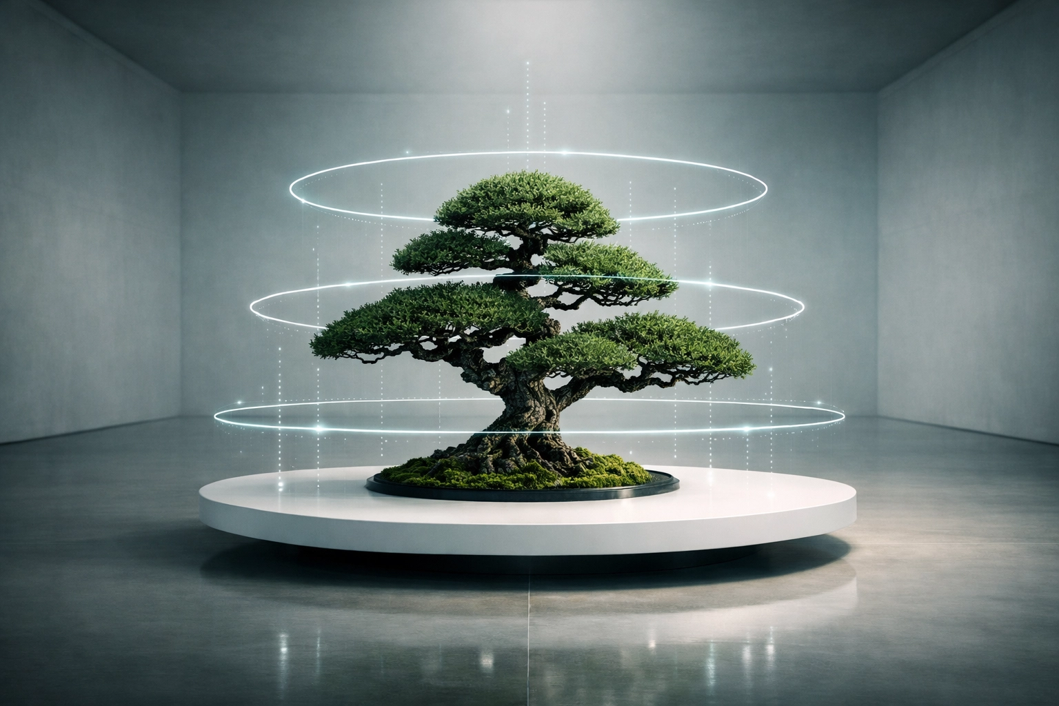 Bonsai tree with holographic rings representing an intentional growth system and strategic scaling framework.