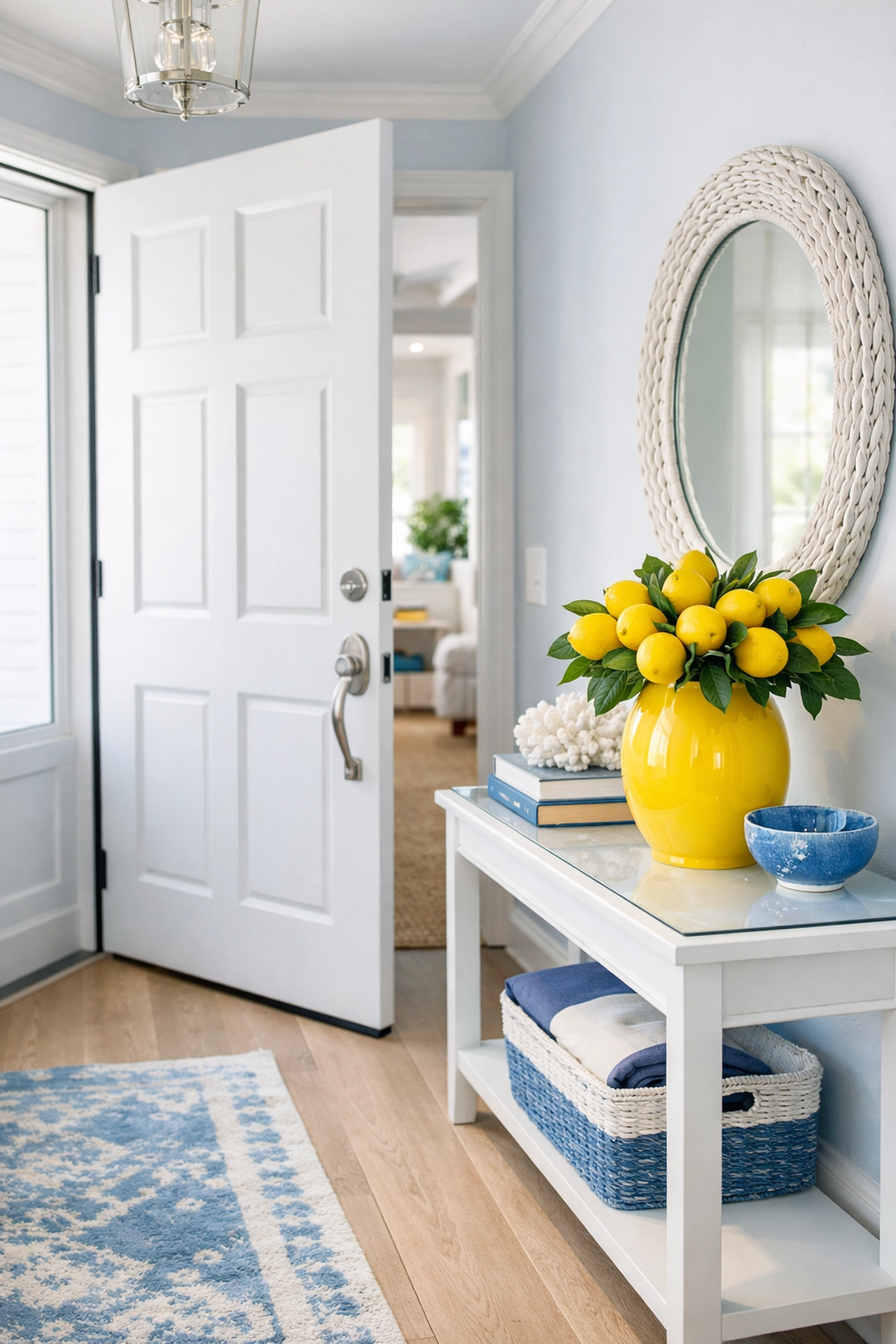A bright and clean modern home foyer representing a healthy and hygienic living space.