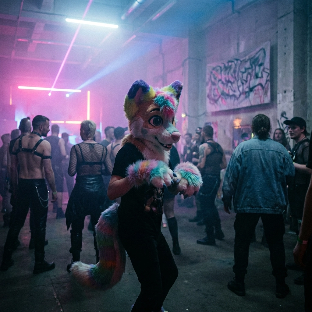 A person in a partial fursuit dances at a Berlin furry sex party, surrounded by clubgoers and neon lights, capturing the underground scene.