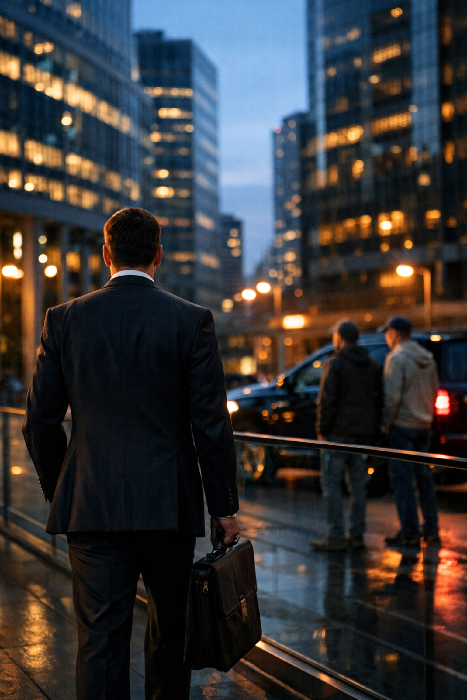Business traveler being watched in Medellin financial district at dusk