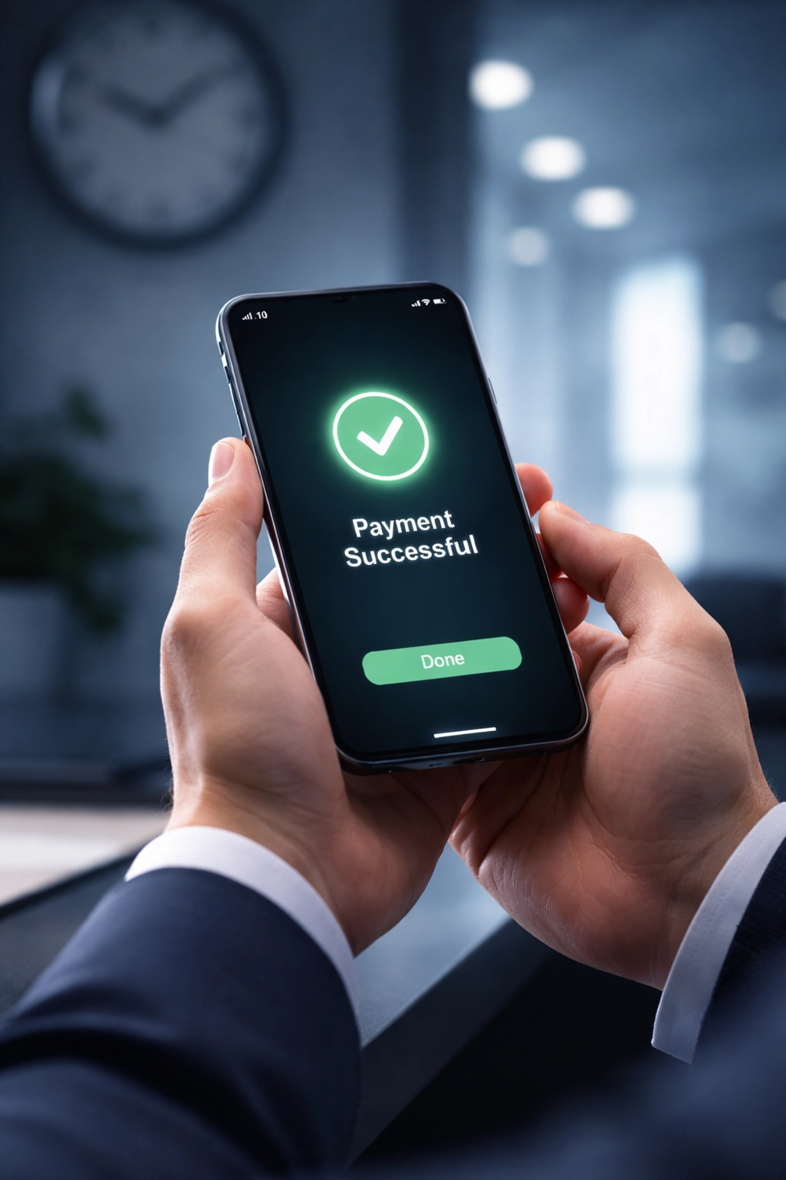 Businessman holding smartphone displaying instant payment confirmation, representing real-time payments