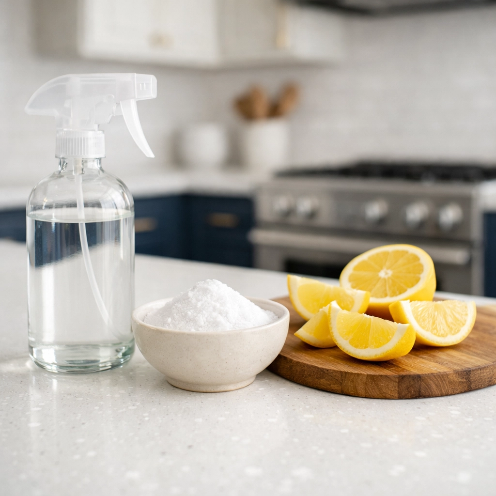 Eco-friendly kitchen cleaning supplies including lemons and baking soda for natural sanitization.