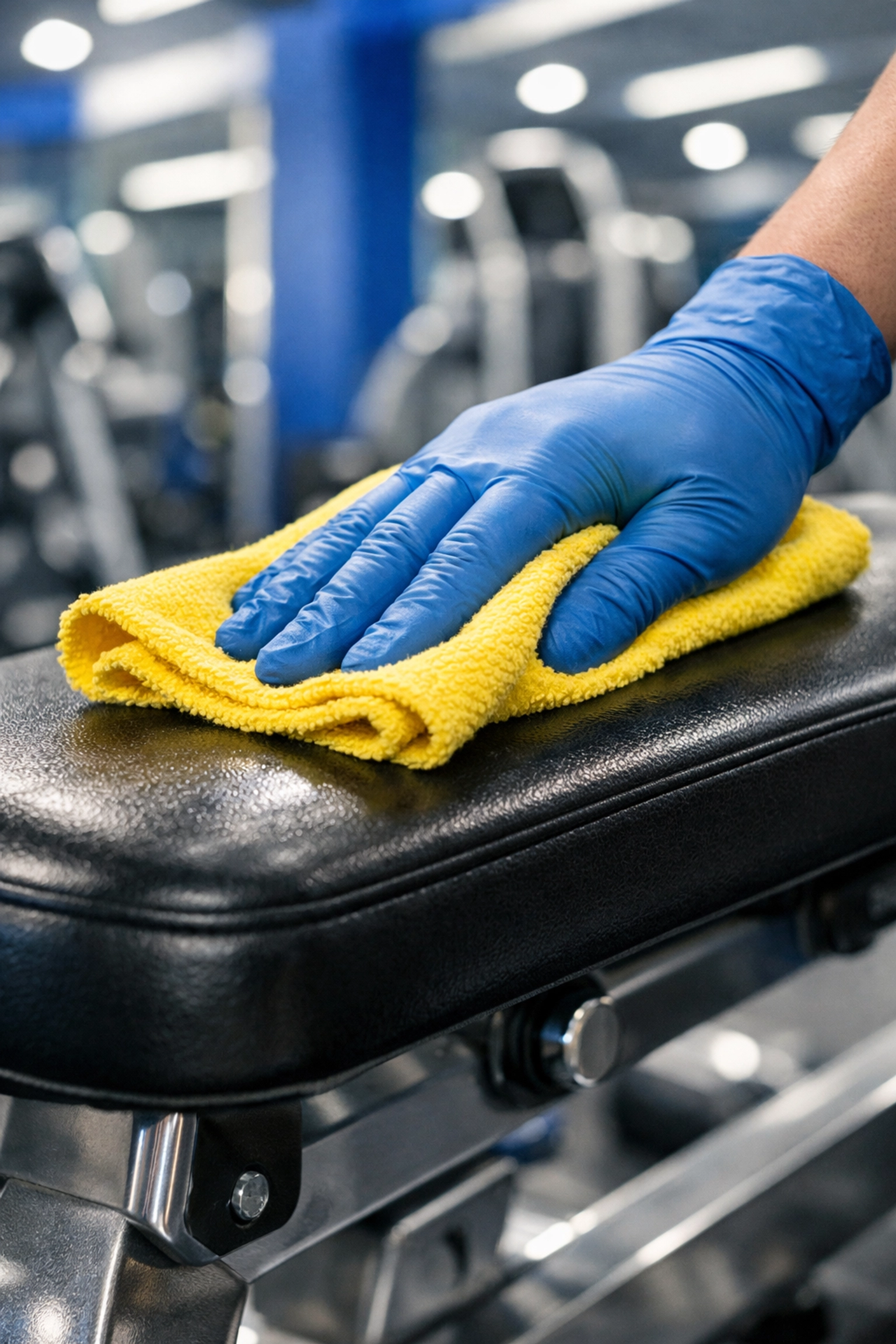 Professional gym cleaning in Leominster MA showing weight equipment being disinfected with a microfiber cloth.