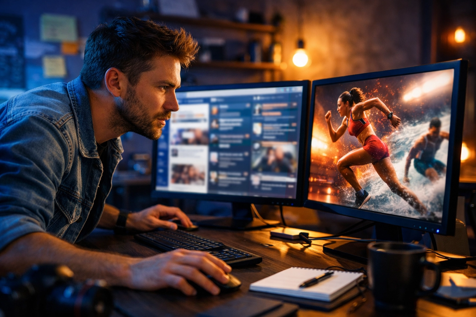 Digital strategist tracking real-time social media trends and athlete NIL profiles in a modern office.