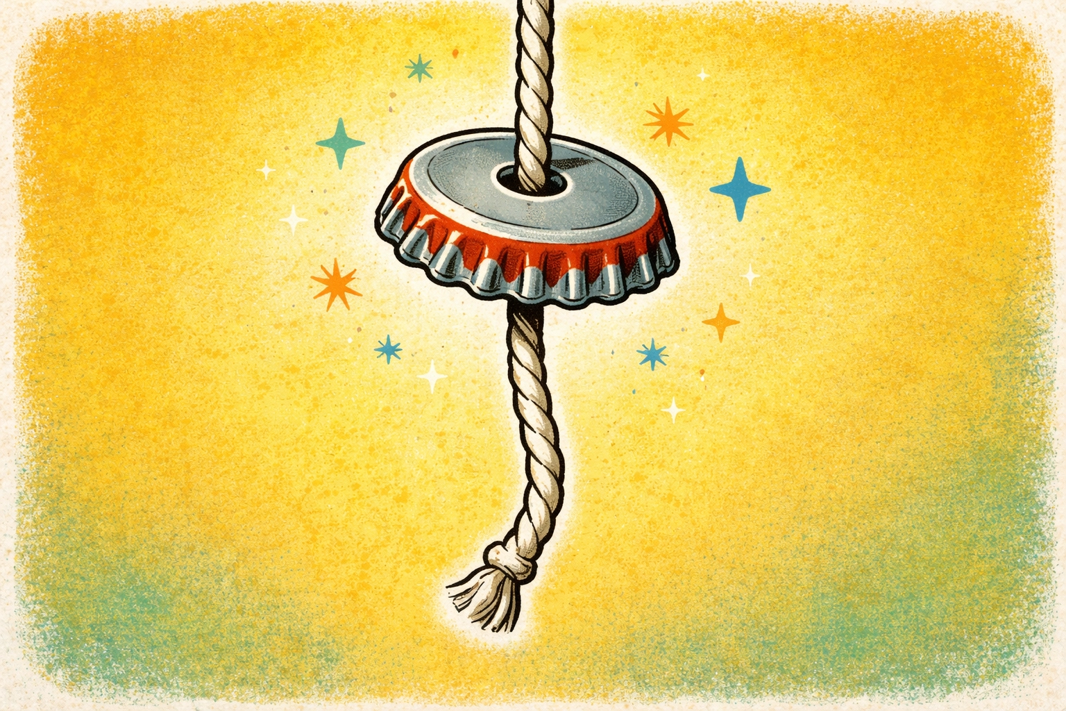 Whimsical 1950s storybook-style illustration of cotton string threaded through a 2-liter bottle cap to form a hydroponic wick