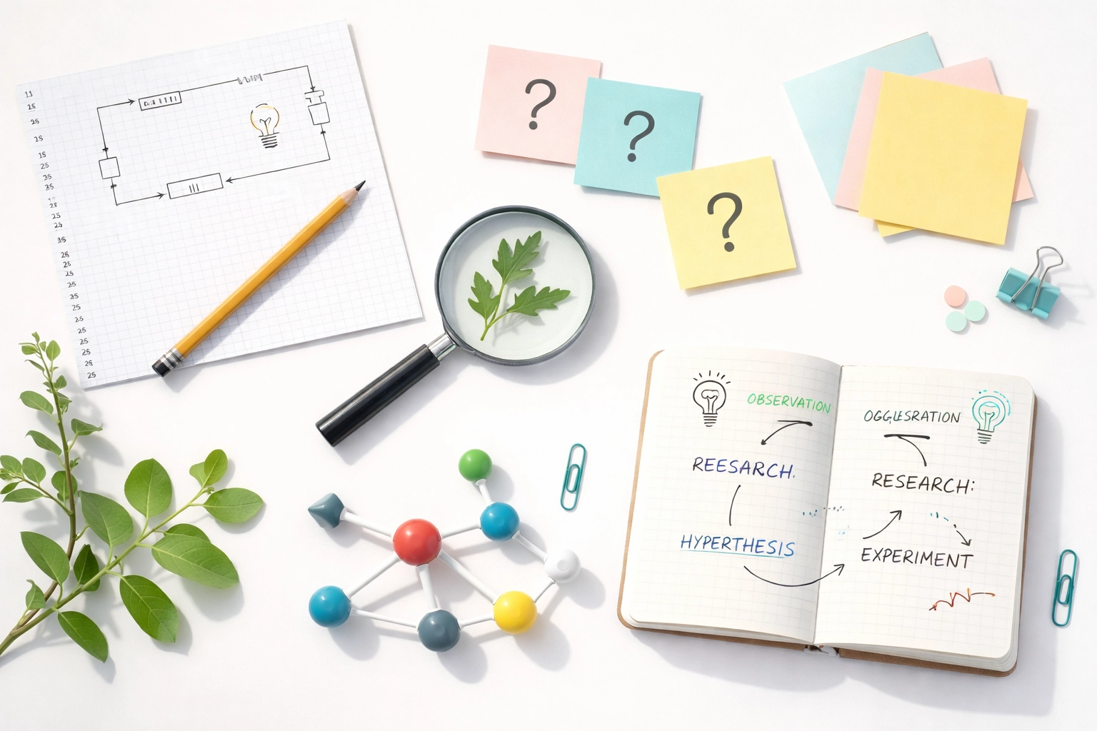 Flat-lay showing tools of scientific thinking: circuit diagrams, molecular models, and inquiry notes for STEM learning