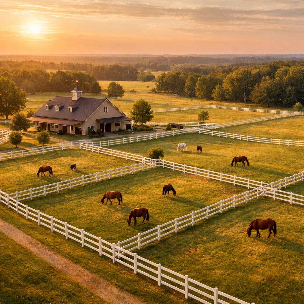 Aerial view of horse farm for sale in Waxhaw NC with white-fenced pastures and barn