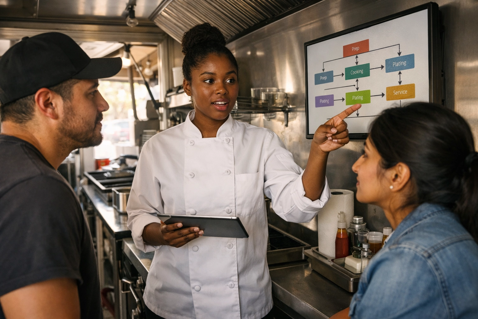 Food truck team reviewing operational systems and SOPs with a food truck consultant in a modern mobile kitchen.