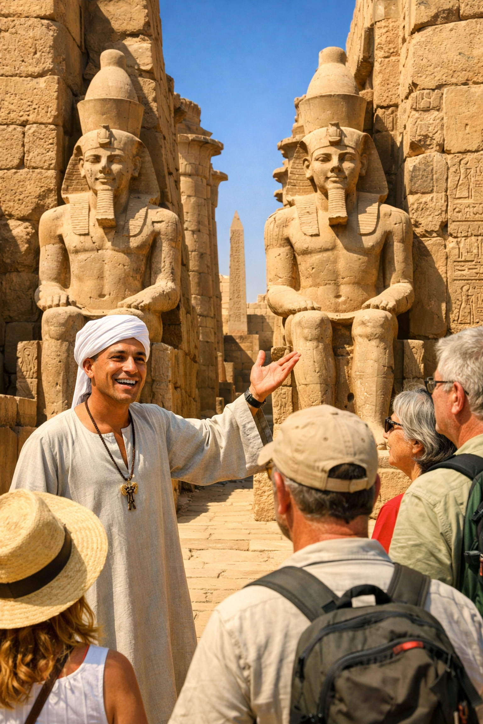 Expert Egyptologist guide leading tour group at Luxor Temple in Egypt