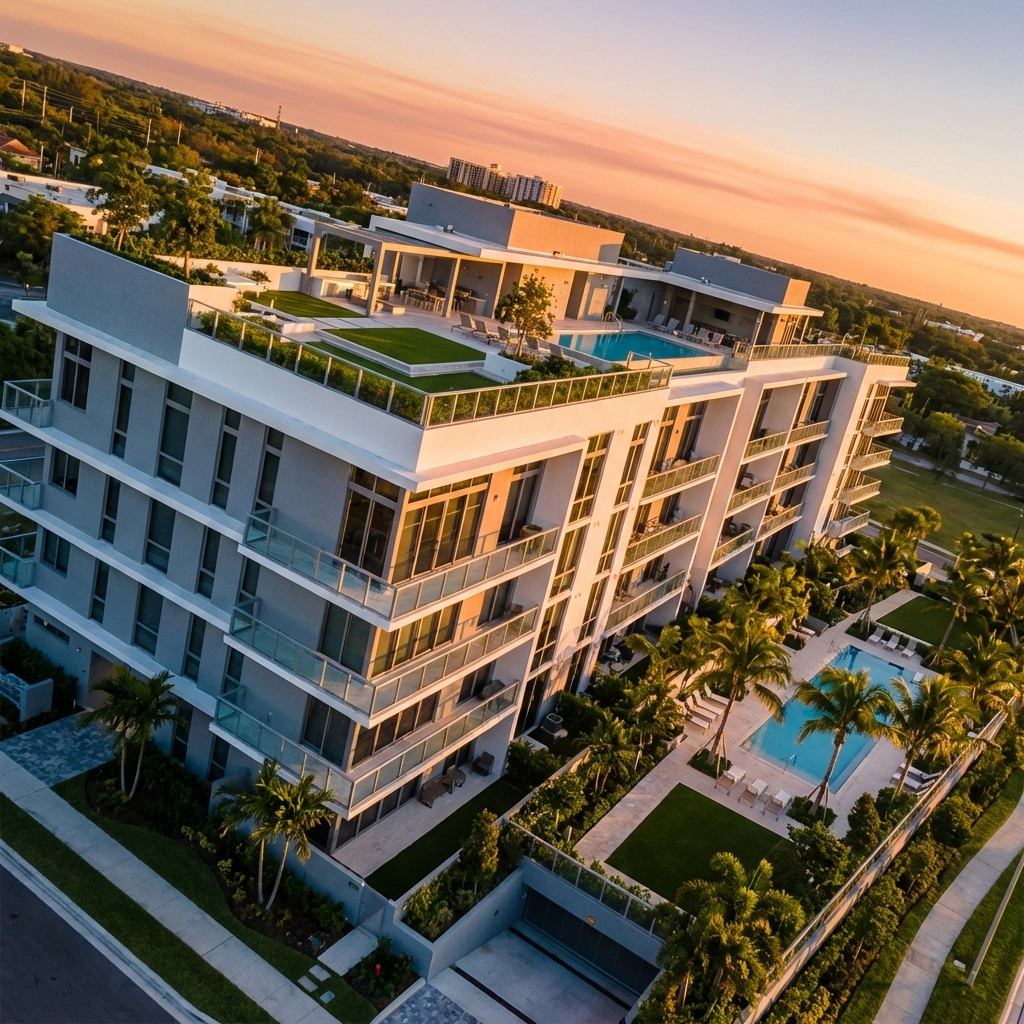 A luxury apartment complex with rooftop gardens at sunset, illustrating benefits of real estate syndication for accredited investors.
