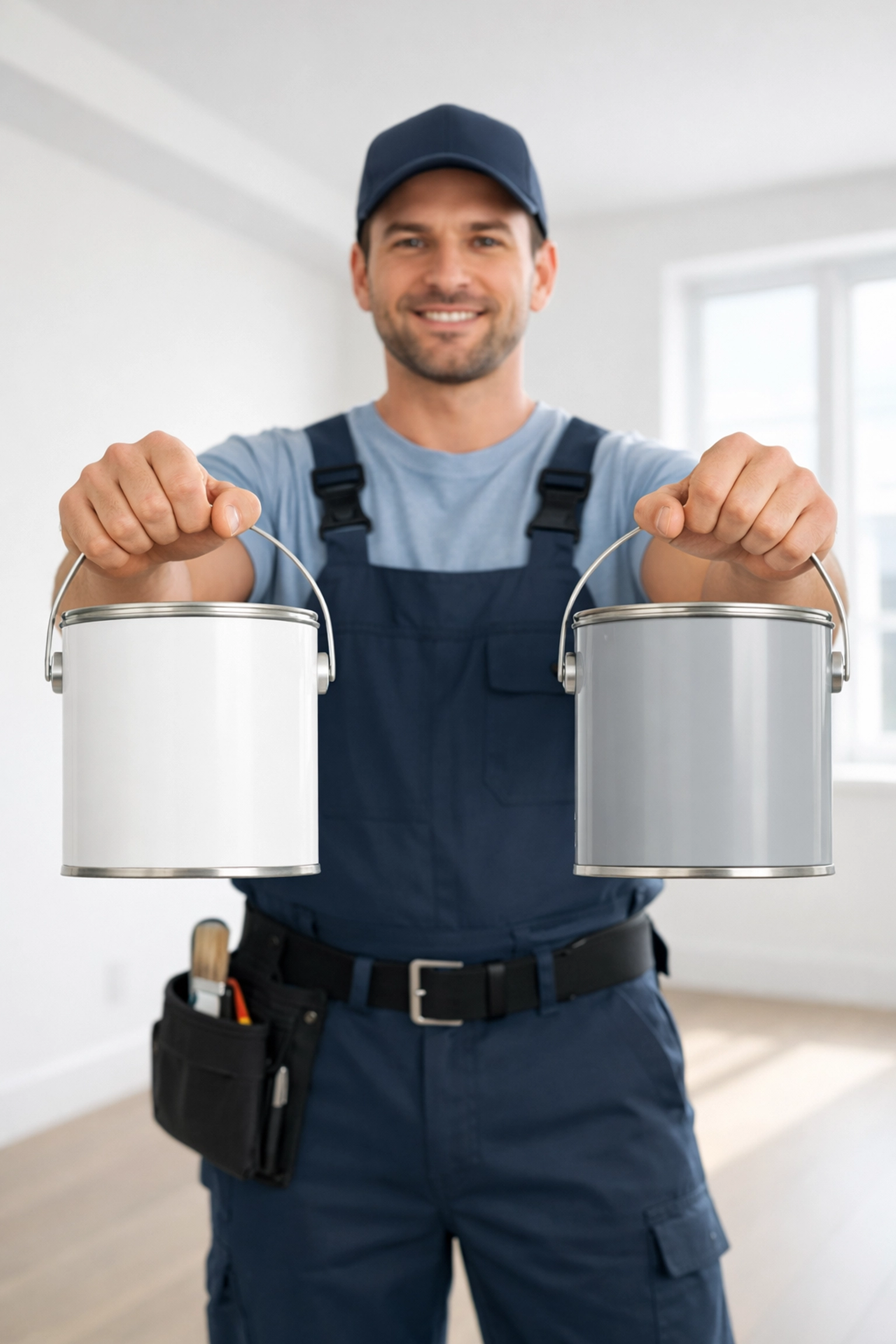 Maintenance worker comparing paint cans for standardized apartment turnover process