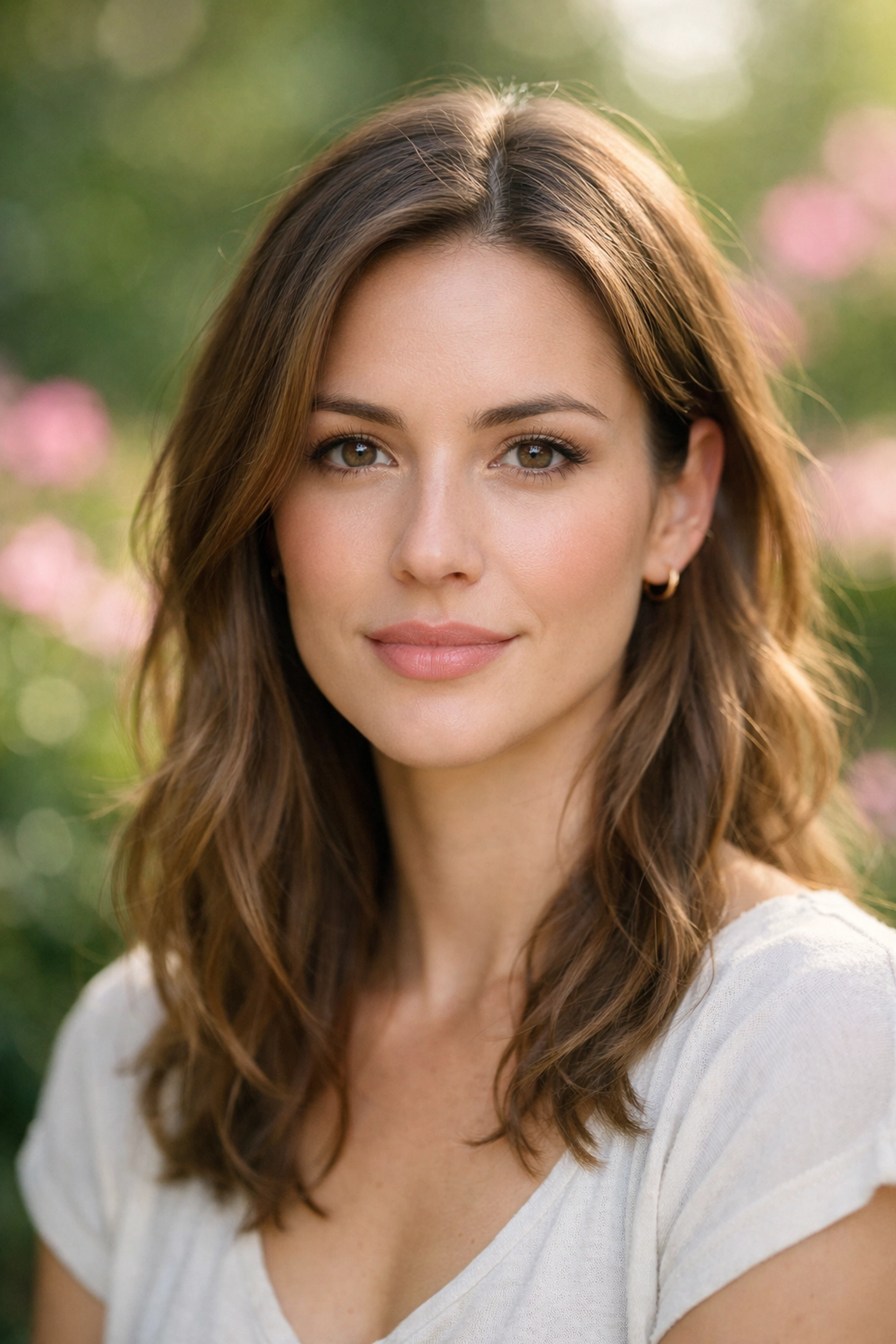 Flattering portrait photography using an 85mm lens with creamy background bokeh in a garden.