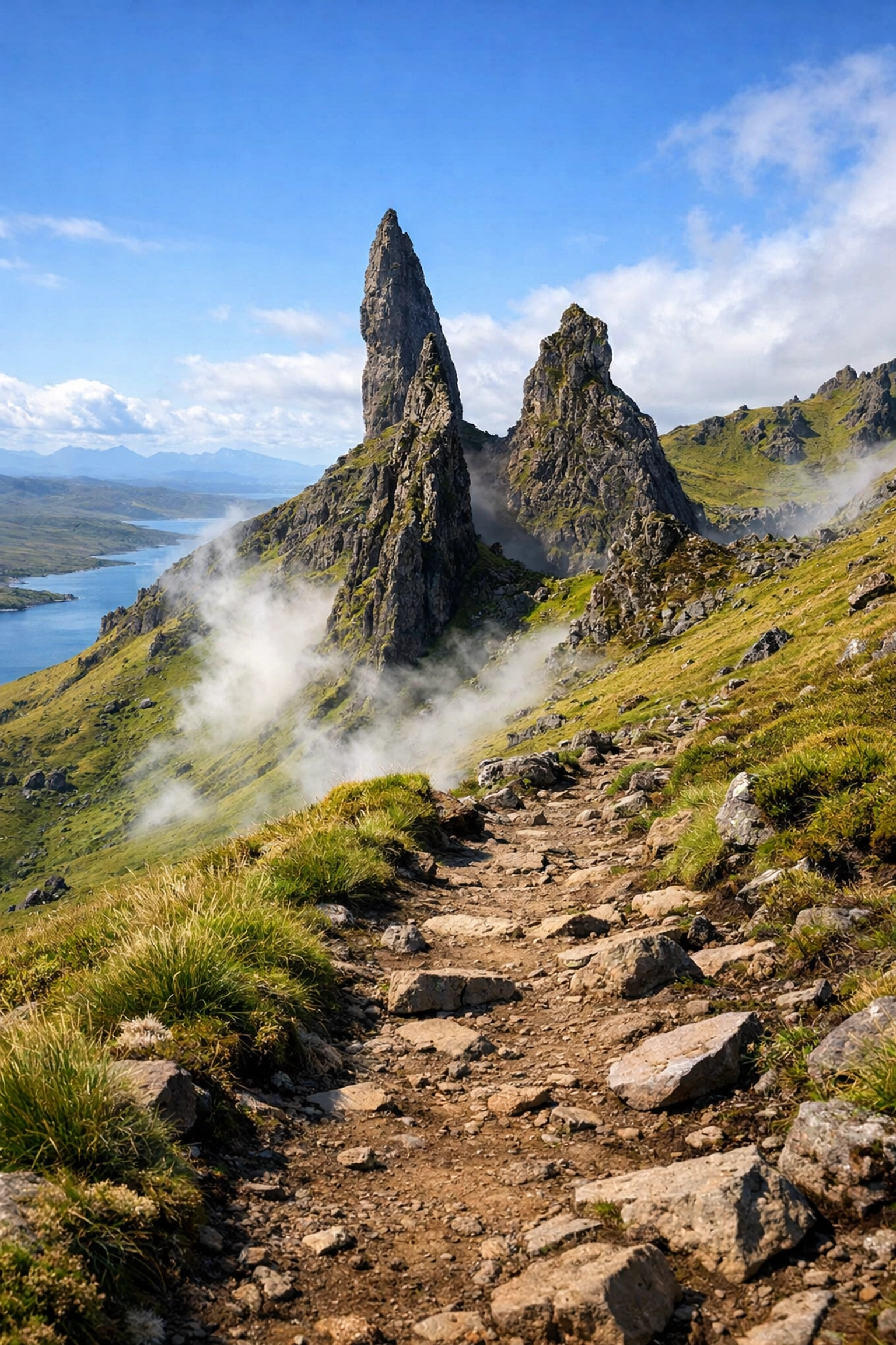 The Old Man of Storr rock pinnacles on the Isle of Skye during a guided hiking tour in Scotland.