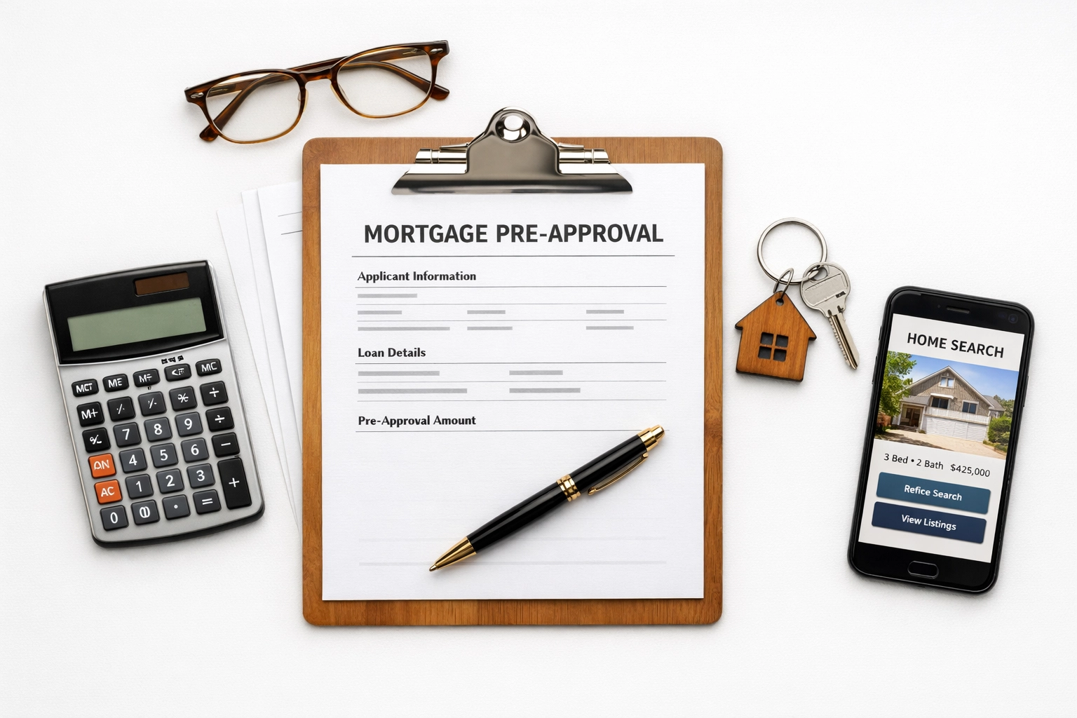 Mortgage pre-approval documents with calculator and house keys for home buying preparation
