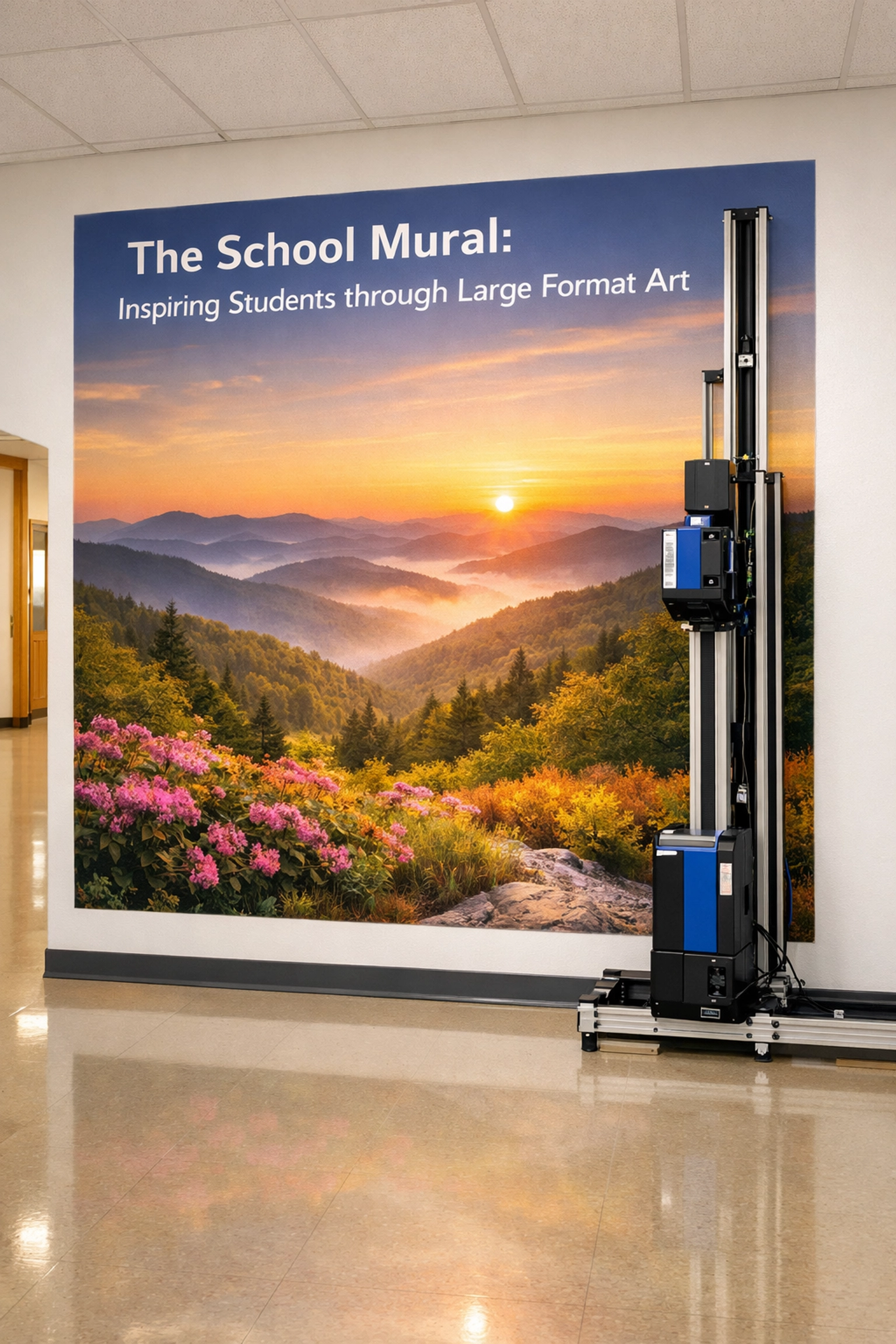 Vertical printer creating a school mural of Appalachian mountains in a hallway using large format wall art technology.