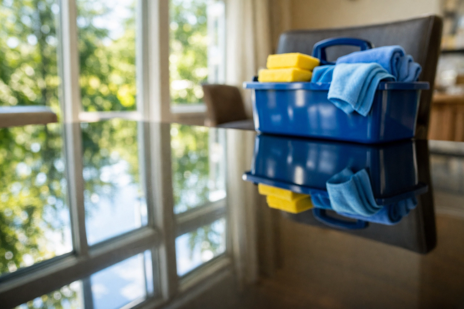A polished dining table reflecting a clean home after expert weekly house cleaning in Townsend MA.