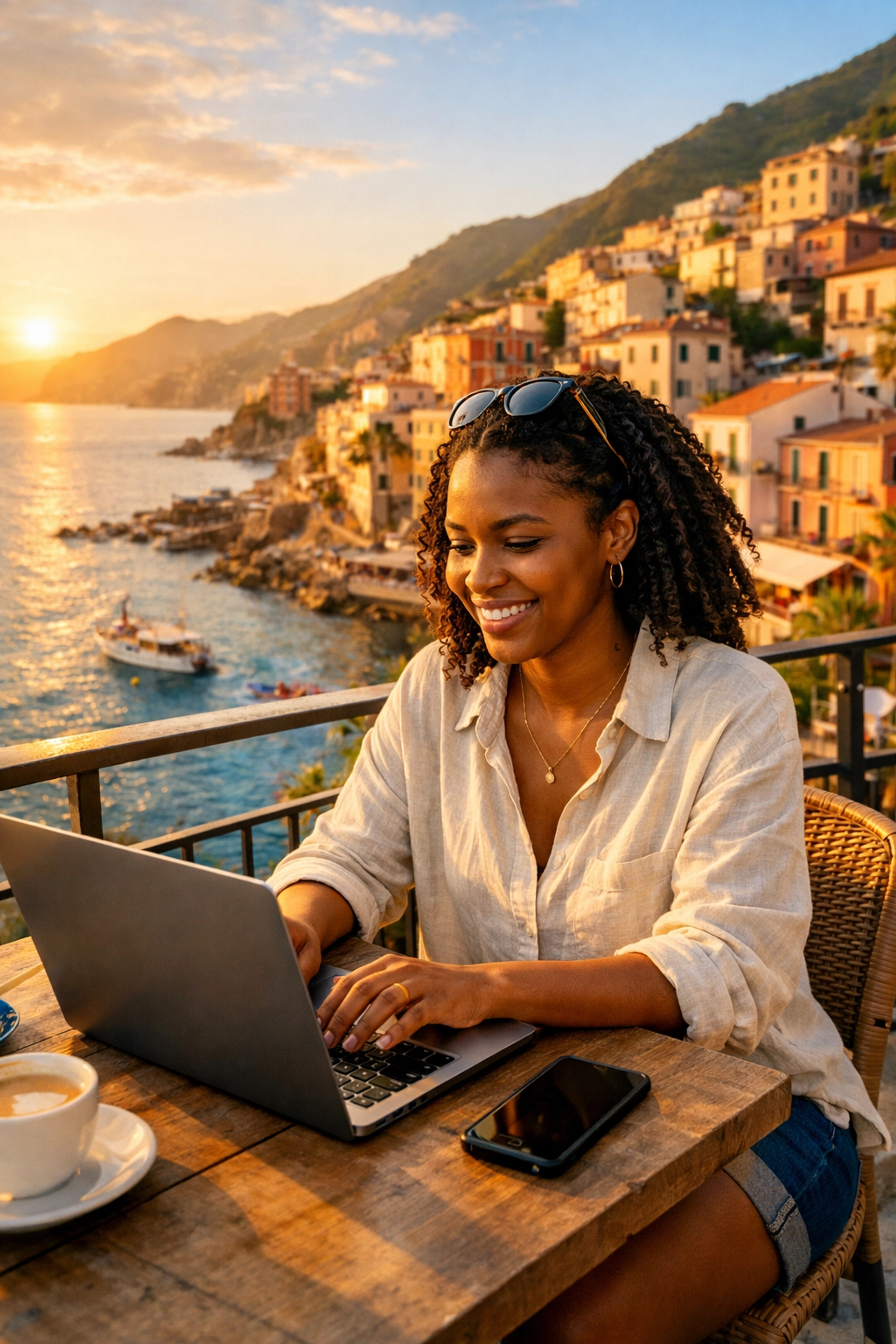 Travel content creator working on brand partnerships at Mediterranean coastal cafe