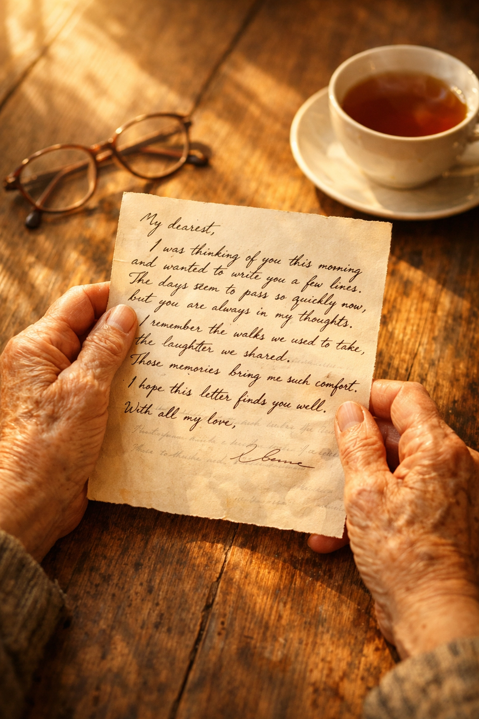 Senior hands holding personalized handwritten letter with reading glasses and tea on table