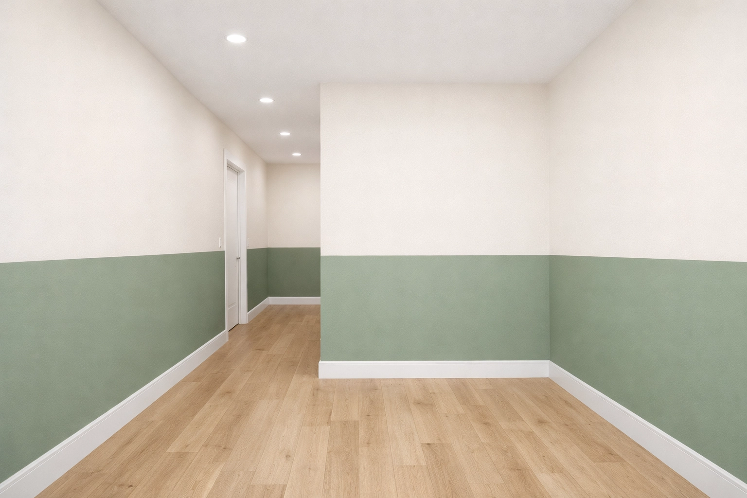 Modern two-tone hallway paint ideas featuring sage green and warm oatmeal neutral wall finishes.