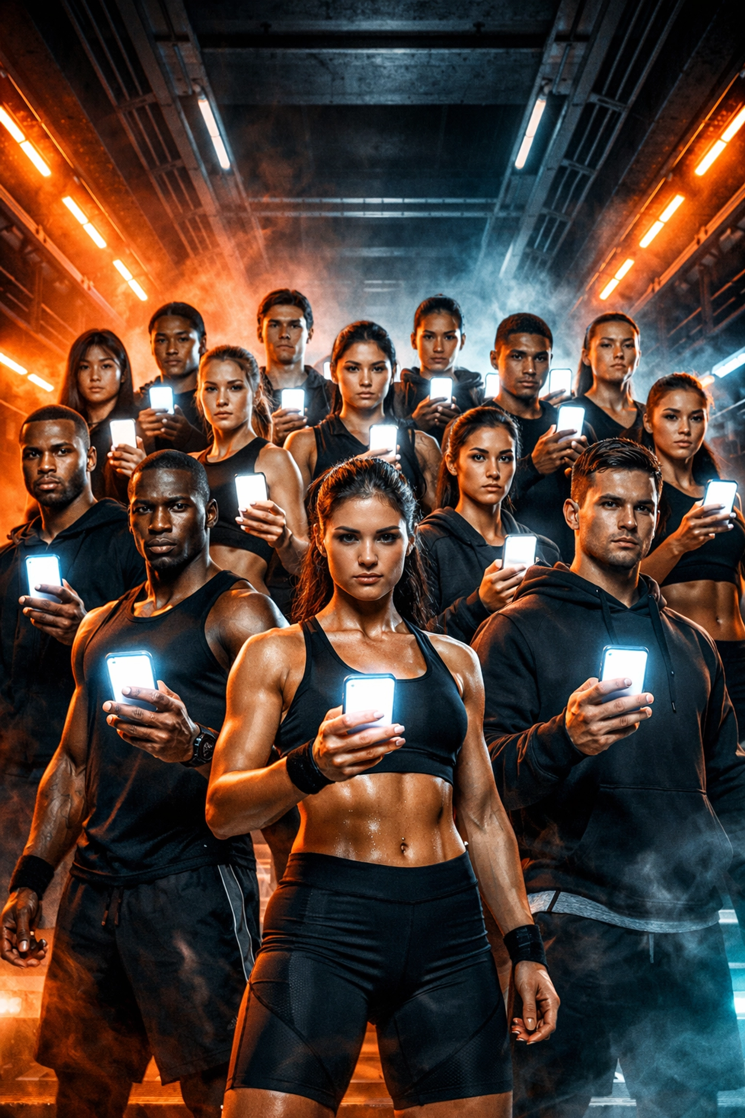Athletes in a stadium tunnel using smartphones to dominate Super Bowl NIL marketing feeds.