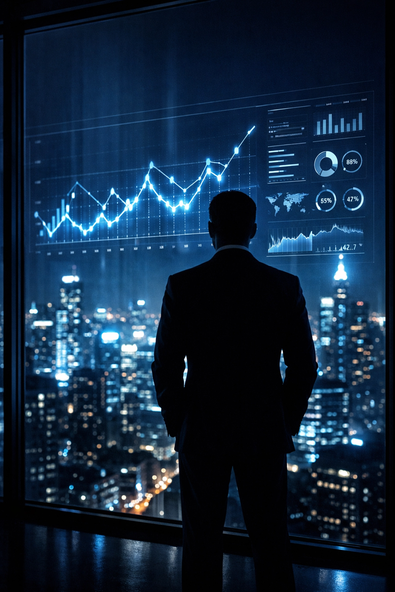 Business leader viewing a digital dashboard reflecting strategic vision and executive leadership for growth.