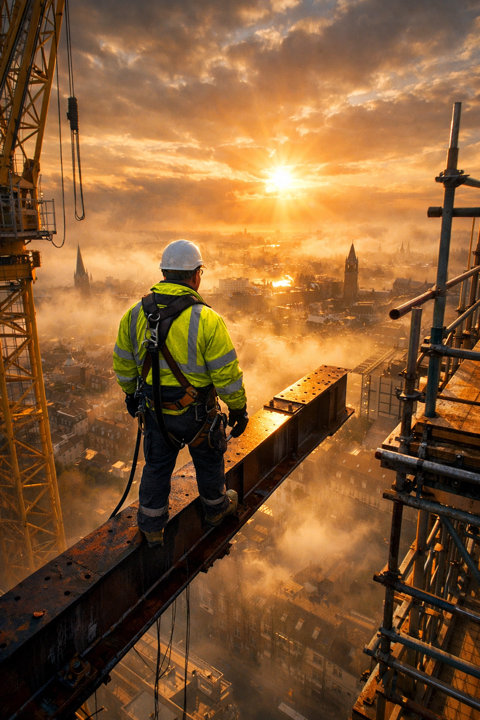 Construction worker on a high steel girder illustrating hazardous UK jobs and the need for workplace protection.