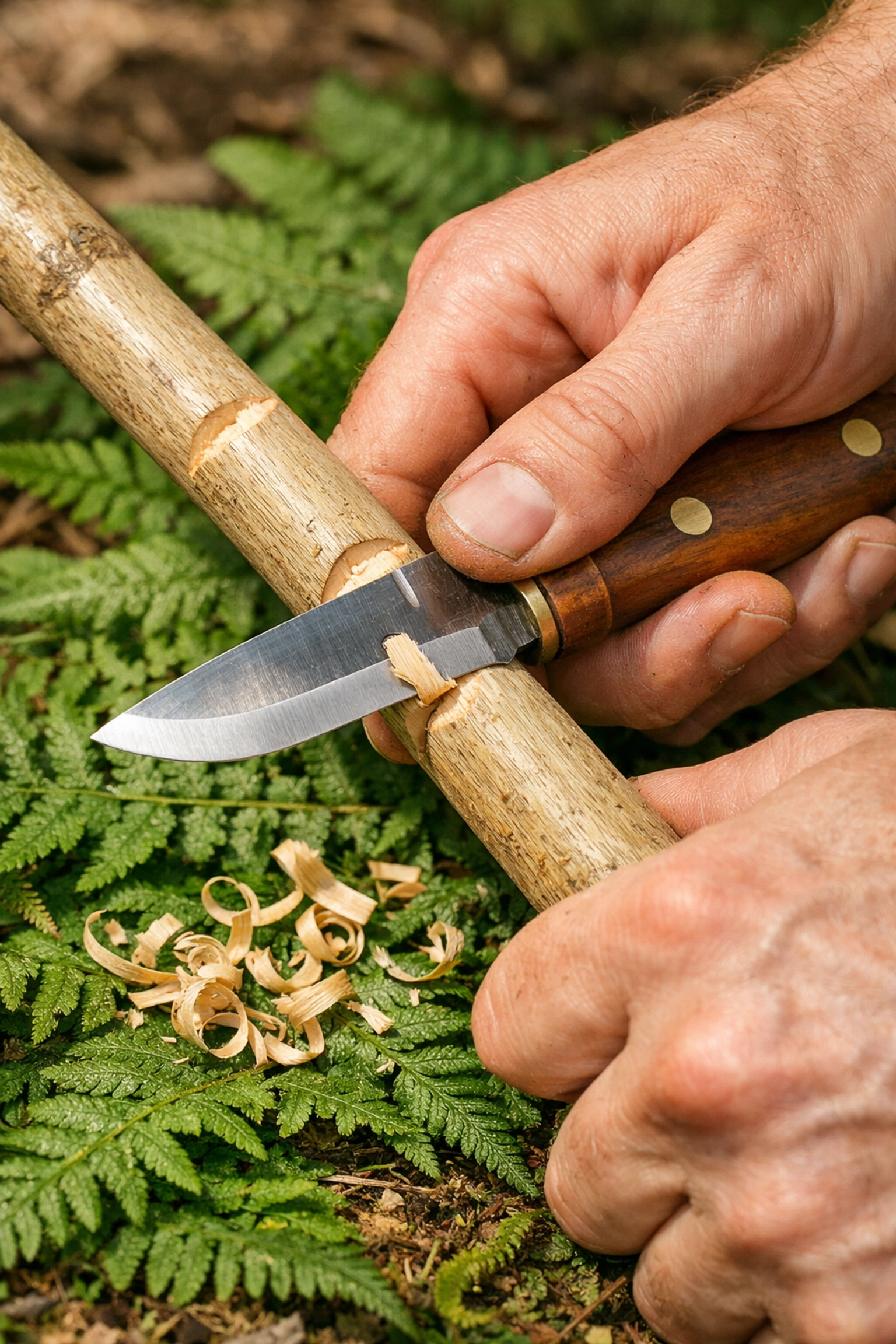 Hands using a bushcraft knife to carve notches on a branch for survival skills practice.