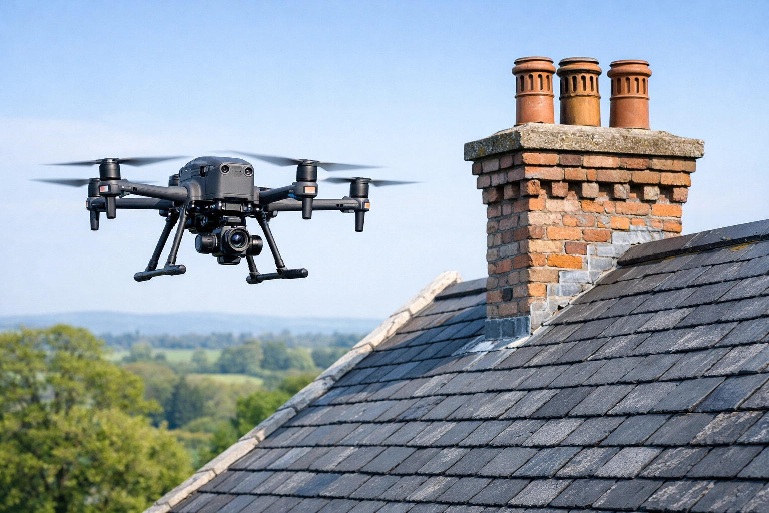 Advanced drone roof survey showing an aerial inspection of a slate roof and chimney in Omagh.