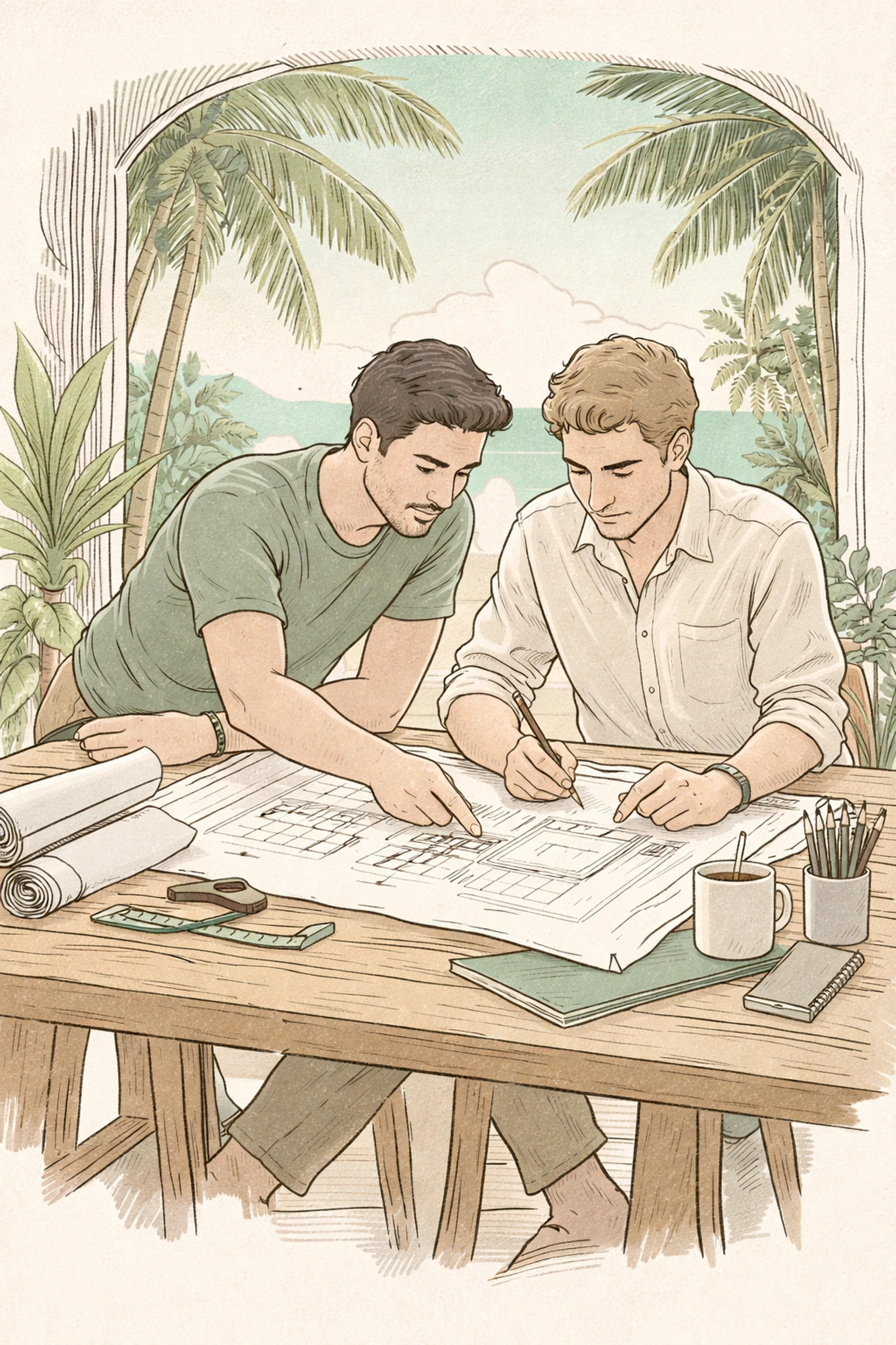Two men collaborate on architectural blueprints at a tropical table, illustrating teamwork and MM romance while building their Caribbean eco-resort Aura.