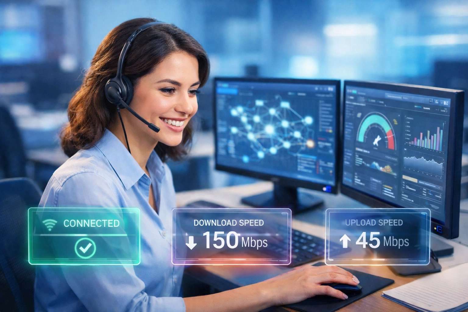 Customer service representative using AI-powered tools to diagnose ISP network issues