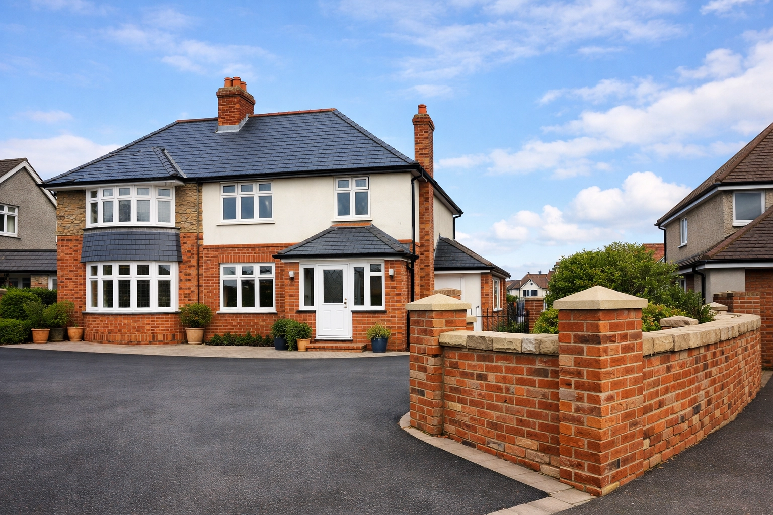 Full home exterior renovation in Barry including a new slate roof and matching brick garden wall.