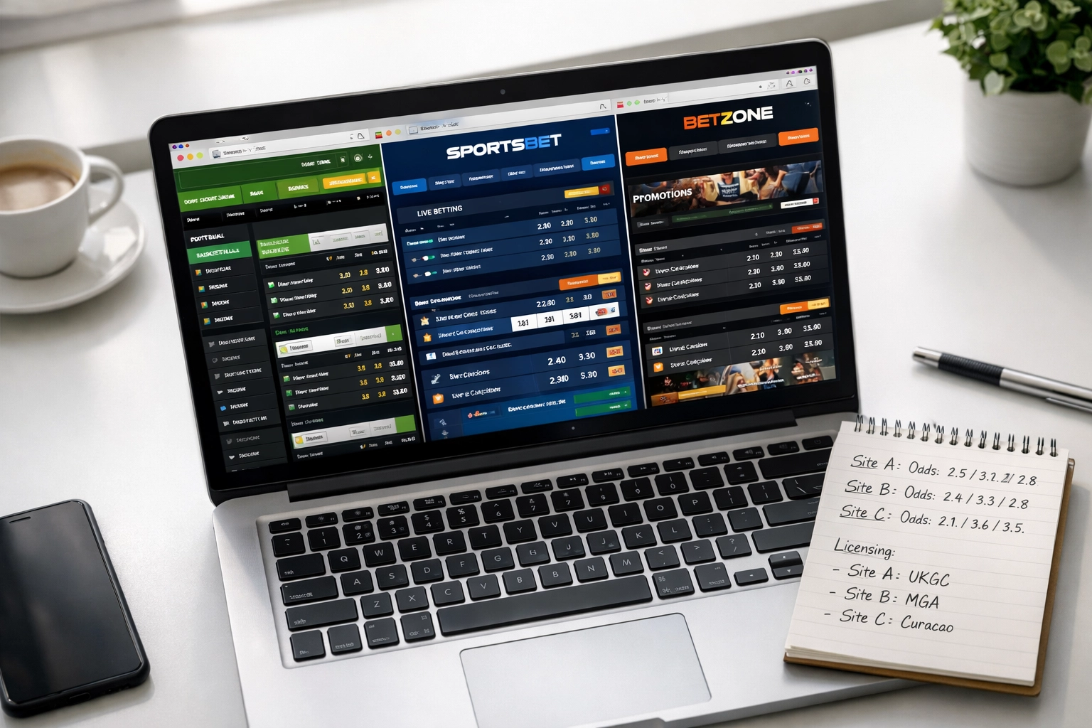 Laptop zeigt Vergleich verschiedener Wettanbieter und Quoten für Sportwetten-Anfänger